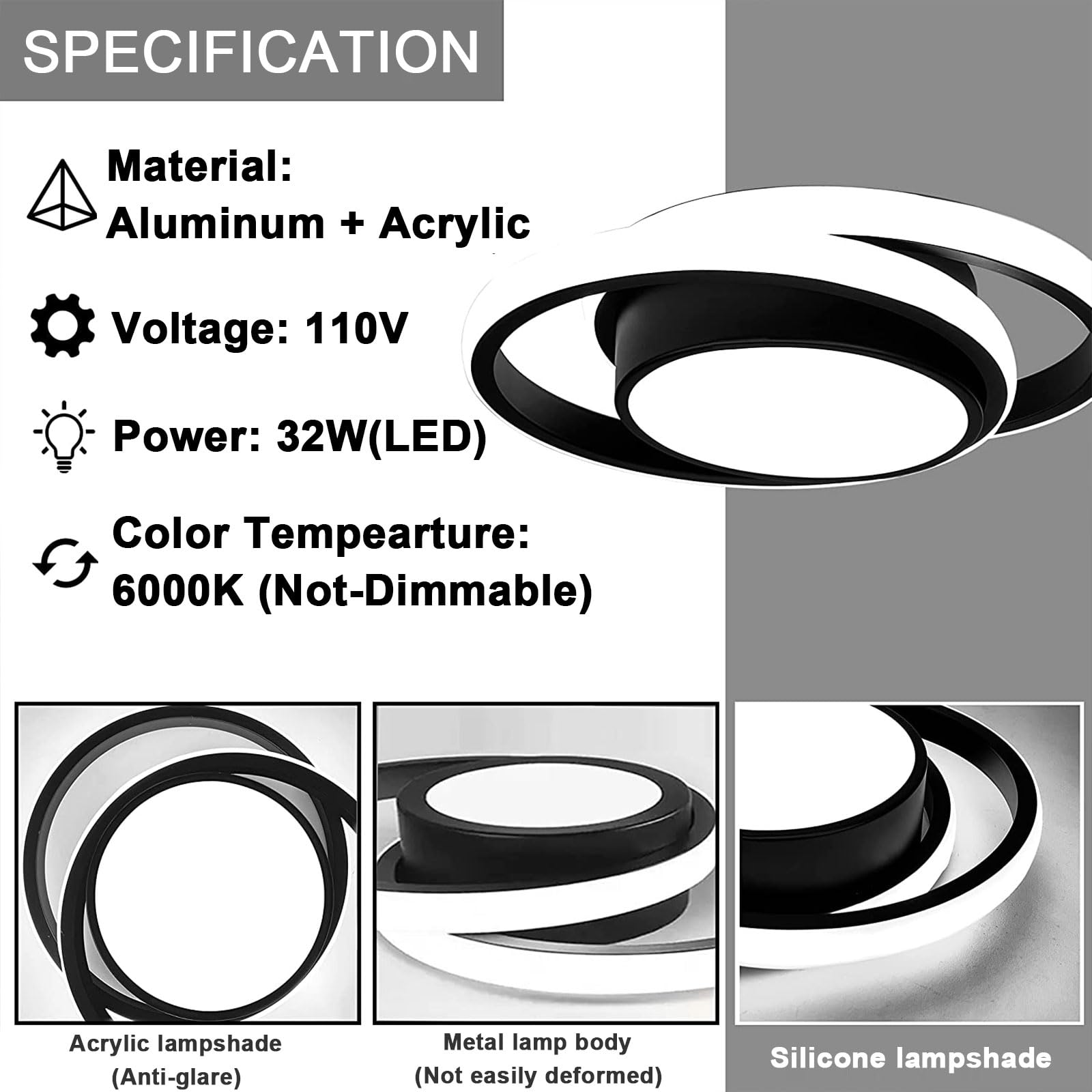 Caneoe 2 Packs Small Modern Led Ceiling Light 2 Rings Creative Design Ceiling Lamp Indoor Hallway Lighting Fixtures For Hallway Living Room Bedroom Kitchen Office (Black)