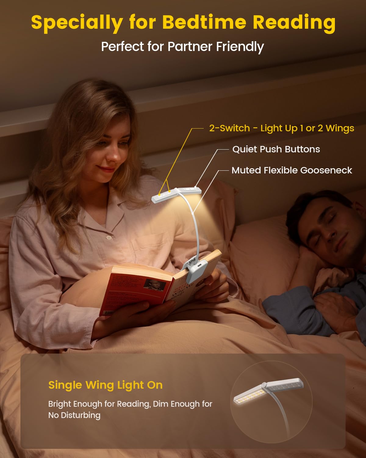 Glocusent Wingy Book Light, 48 Led Reading Light With Sleep Aid & Timer, 2-Switch, 5 Brightness & 3-Color Rechargeable Clip On B