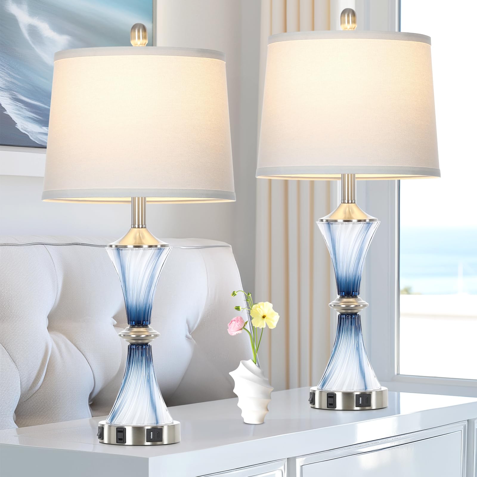 Rinweey Blue Glass Table Lamp Set of 2 with USB Ports & AC Outlet, Modern Nightstand Lamps for Bedroom & Living Room, LED Bulbs Included