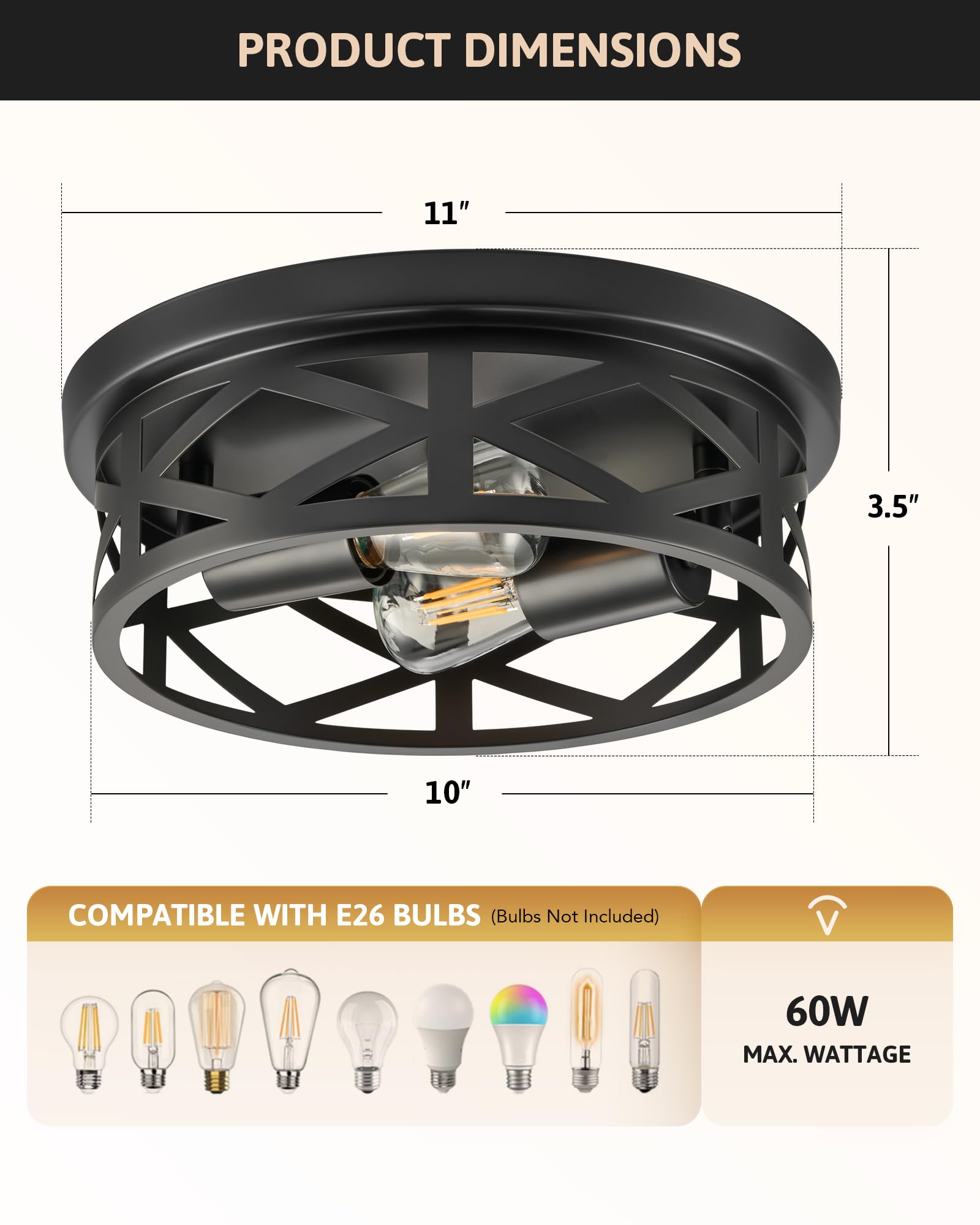 VONLUCE Ceiling Light, 2-Light Flush Mount Fixture, 11 Inch, Black Metal Cage, Adjustable Lamp Holders, 2 pcs