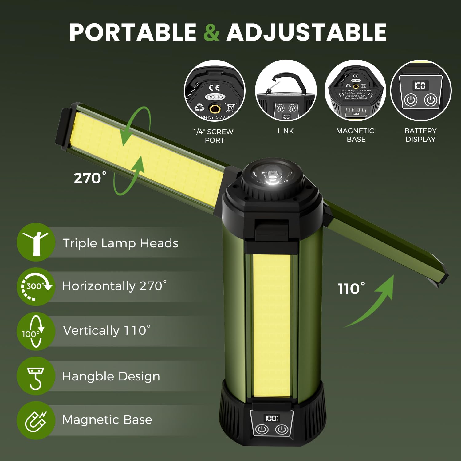 mlogiroa Rechargeable Work Light Kit 500/1000/2000 Lumen Dimmable with Stand, Tripod, Hooks, Carrying Bag - Green-S
