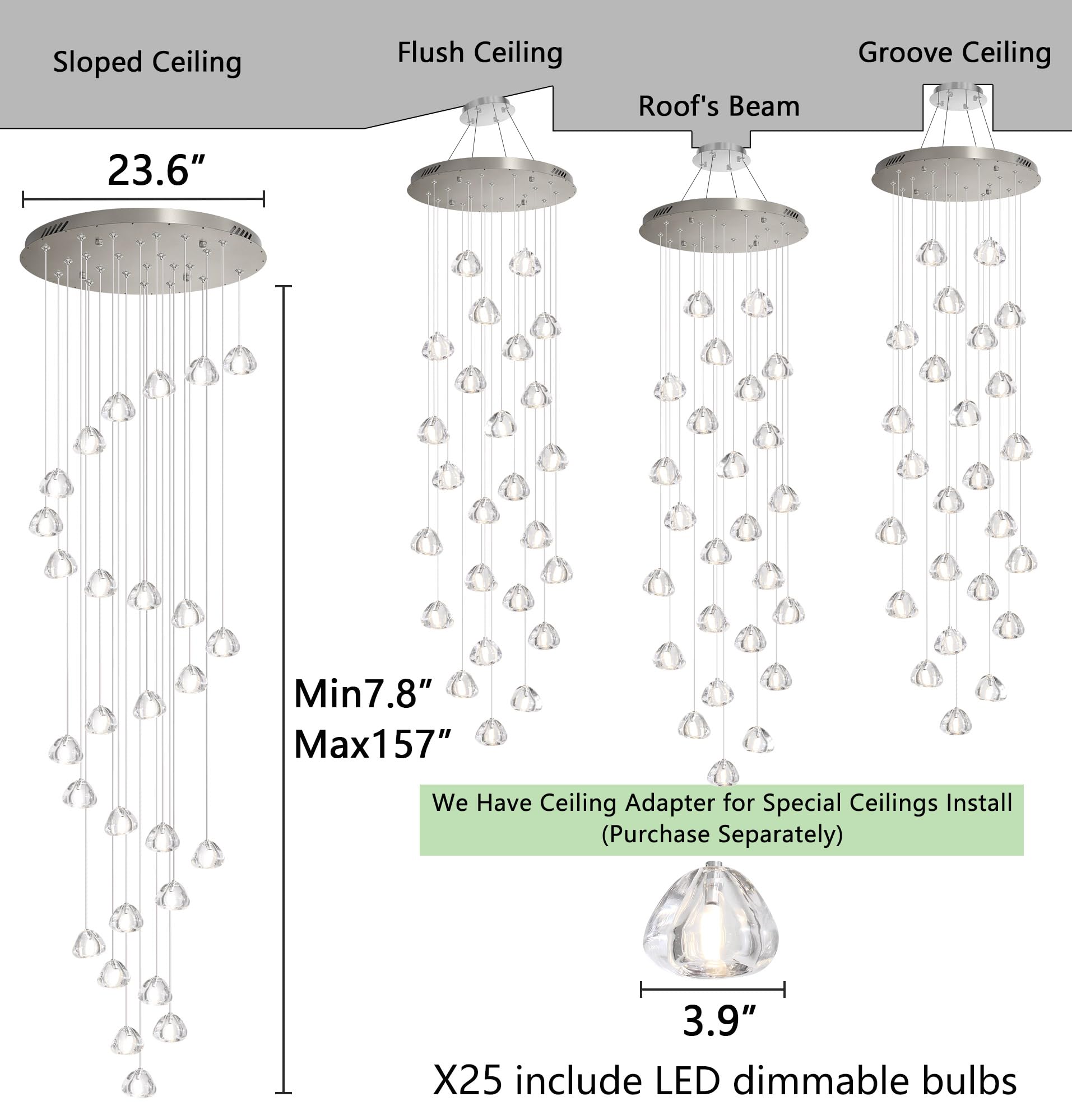HAIXIANG Chandelier Dimmable Bubble Crystal Balls 157in 25 Lights Stainless Steel Brushed Nickel MMQ9025