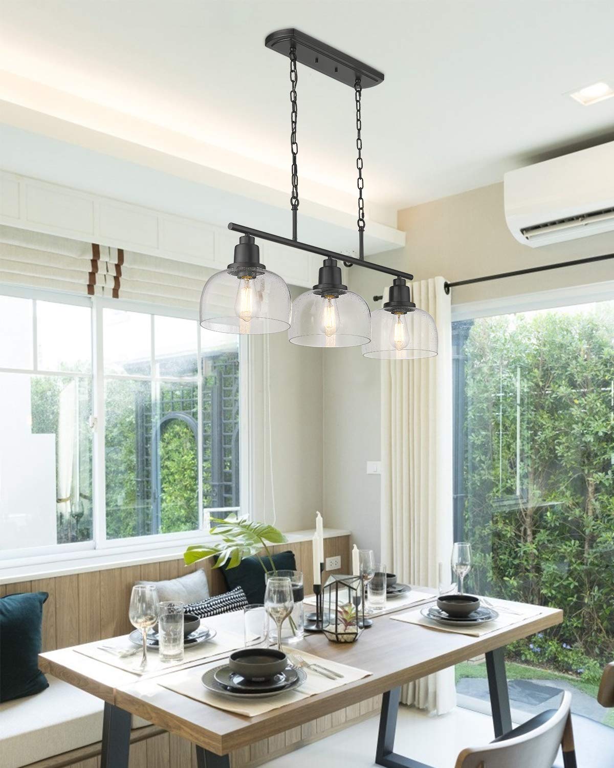 Eapudun 3-Light Farmhouse Chandelier, Oil Rubbed Bronze Pendant Light With Seeded Glass
