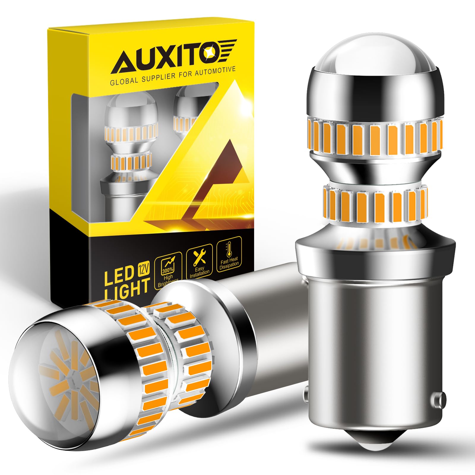 AUXITO 1156 LED Bulbs, Super Bright Amber Yellow, Pack of 2, BA15S P21W, for Turn Signal and Parking Lights
