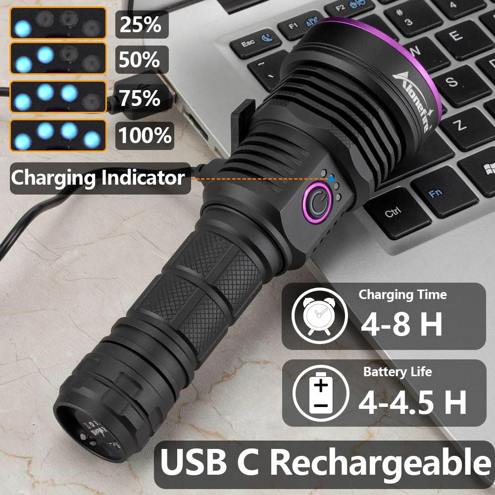 ALONEFIRE SV43 36W UV Flashlight - USB C Rechargeable Black Light for Pet Urine Detection, Resin Curing, Fishing, and Bed Bug Control
