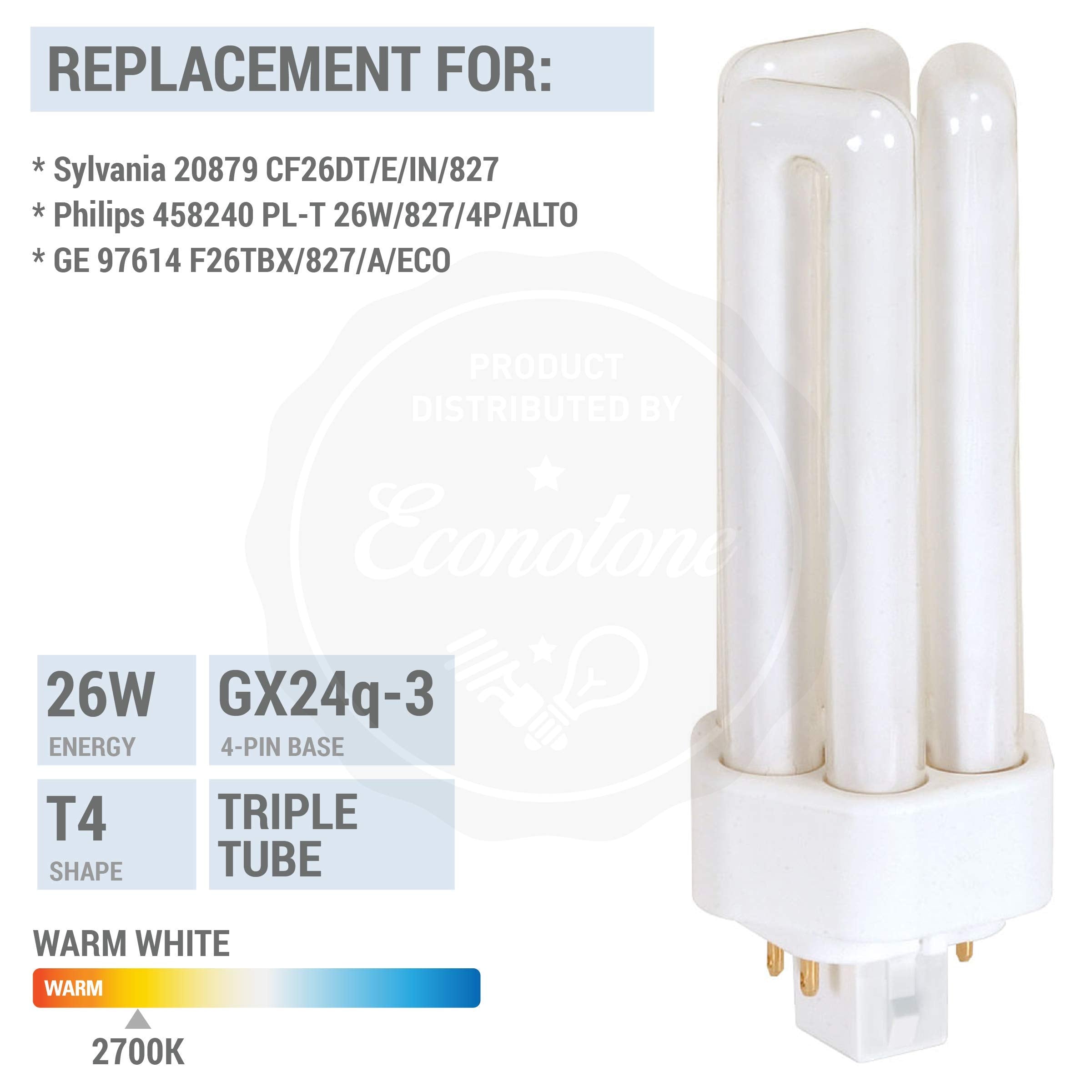 Kor Pack Of 4 26 Watt Triple Tube - Gx24Q-3 (4 Pin) Base - 2700K Warm White - Cfl Light Bulb - Replaces Sylvania 20879 Cf26Dt/E/In/827 - Philips 458240 Pl-T 26W/827/4P/Alto - Ge 97614 F26Tbx/827/A/Eco