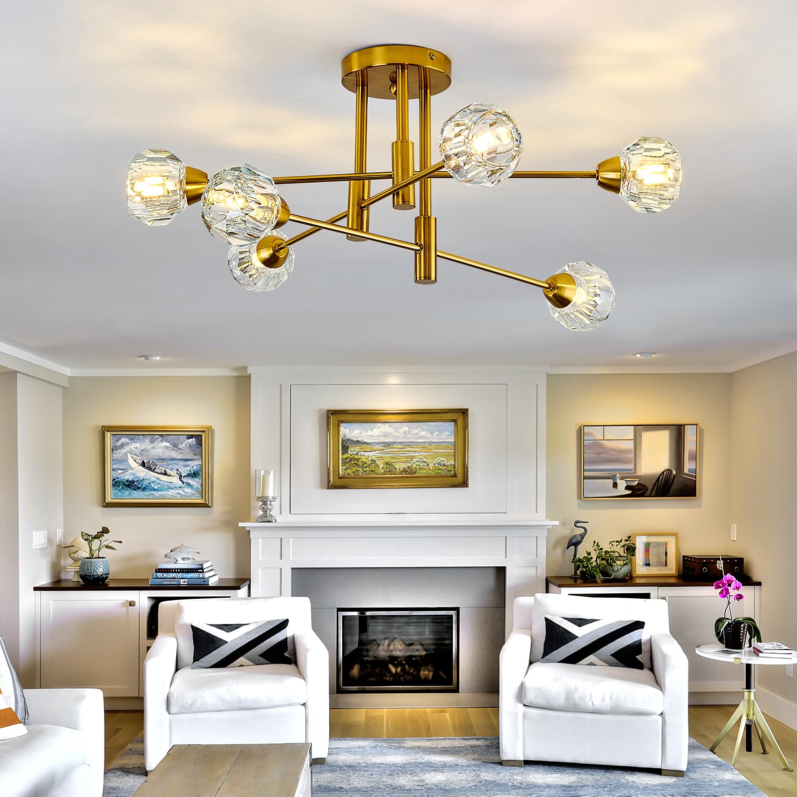 Szxykeji 6-Lights Glass Sputnik Chandelier Vintage Flush Mount Ceiling Light Fixture Gold Farmhouse Lighting For Dining Room Living Room Bedroom Kitchen Passageway.