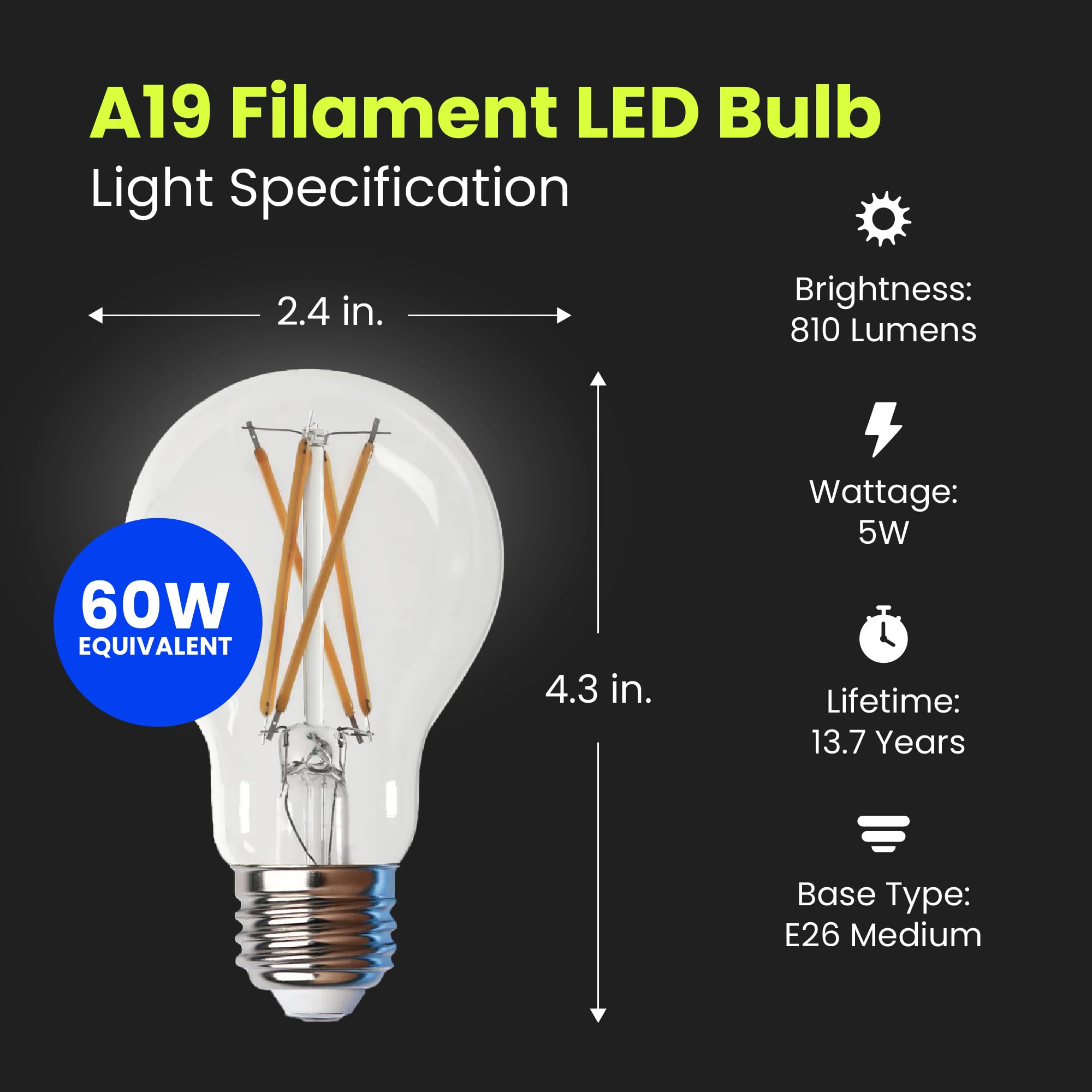 Feit Electric A19 Led Light Bulbs, 60W Equivalent, 810 Lumens, 3000K Bright White, High Cri 90+, Dimmable, Filament Style, Energ