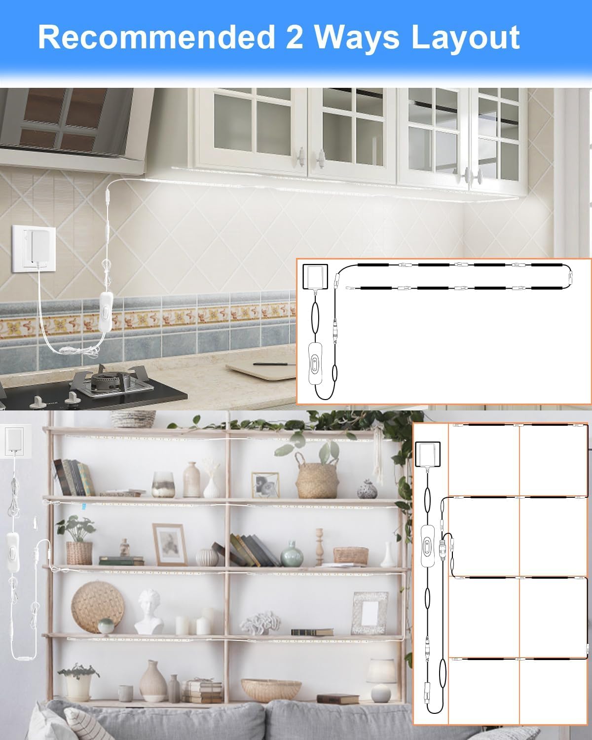 Cefrank Under Cabinet Lighting Kit, 8 Linkable 12-Inch LED Strips, 20W 2000lm, Daylight White, Model XXDT120, Warm White