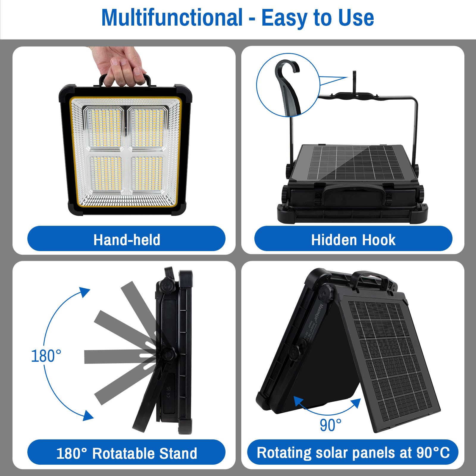Masmejor 160W 15000mAh Solar Work Light - 540 LEDs, Stepless Dimming, USB Charging, IPX4 Waterproof for Job Site, Emergency, Pow