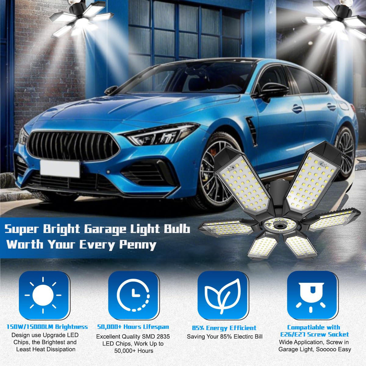 POLARPRA Garage Light - 15000LM LED Bulb, 150W Equivalent, 6 Deformable Panels, E26 Socket, Black, Model JP-QMP-B00001