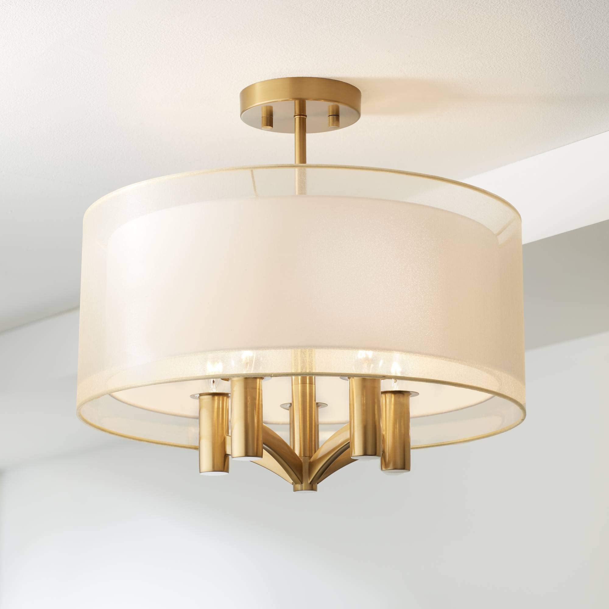 Possini Euro Design 18in Modern Close to Ceiling Light, 5-Light Semi Flush Mount, Gold Metal, Double Drum Shades for Home Use