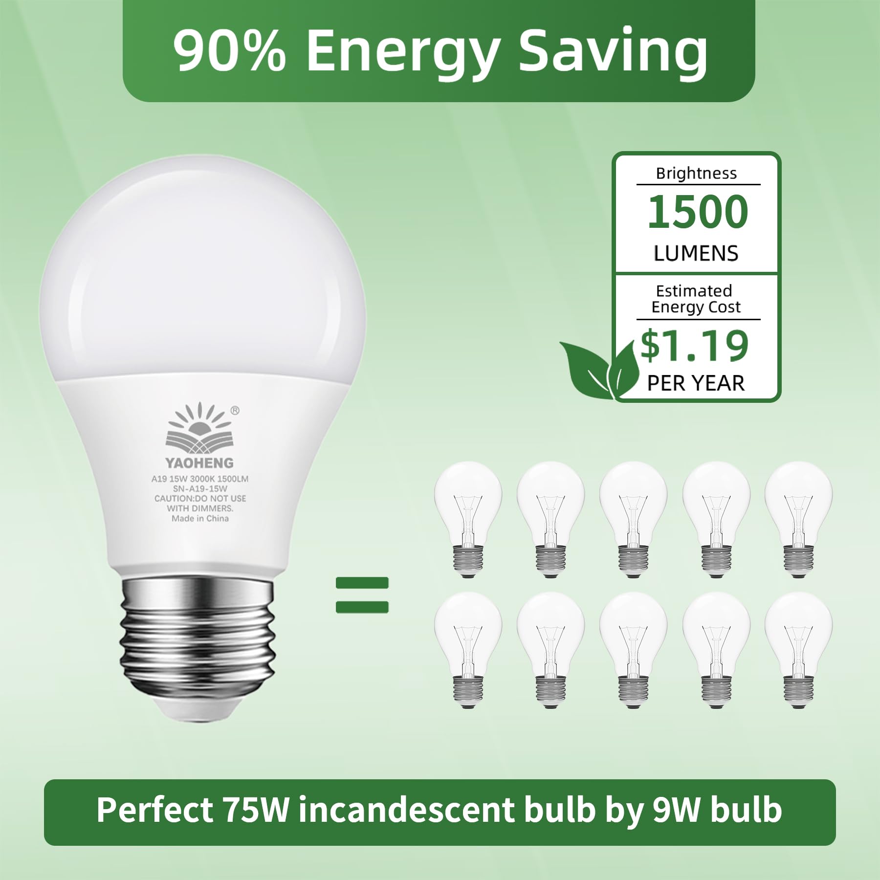 YAOHENG A19 LED Light Bulb, 15W Non-Dimmable, 3000K Warm White, 1500 Lumens, E26 Base, 4-Pack