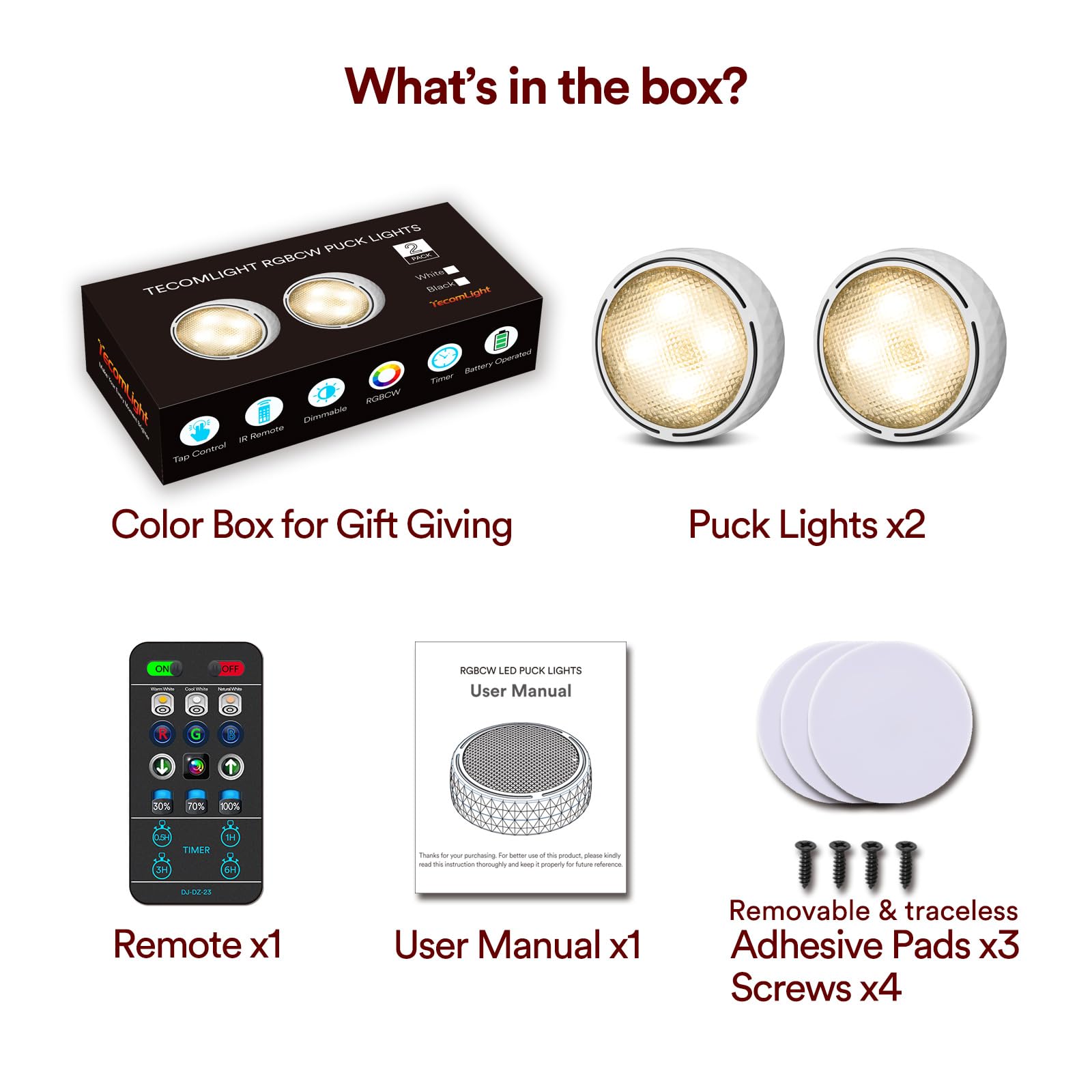 Tecomlight Led Puck Lights - Battery Operated, Wireless, Remote Control - 2 Pack - White - Under Cabinet & Closet Lighting