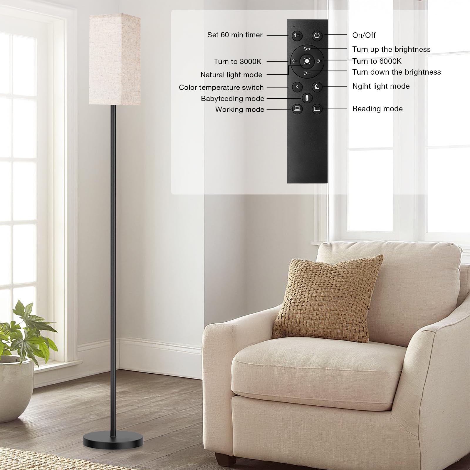 Ambimall 2 Packs Remote Control Floor Lamp, Stepless Dimmable, 64 Inches Tall, Include 9W Bulb, Standing Lamp For Living Room Be