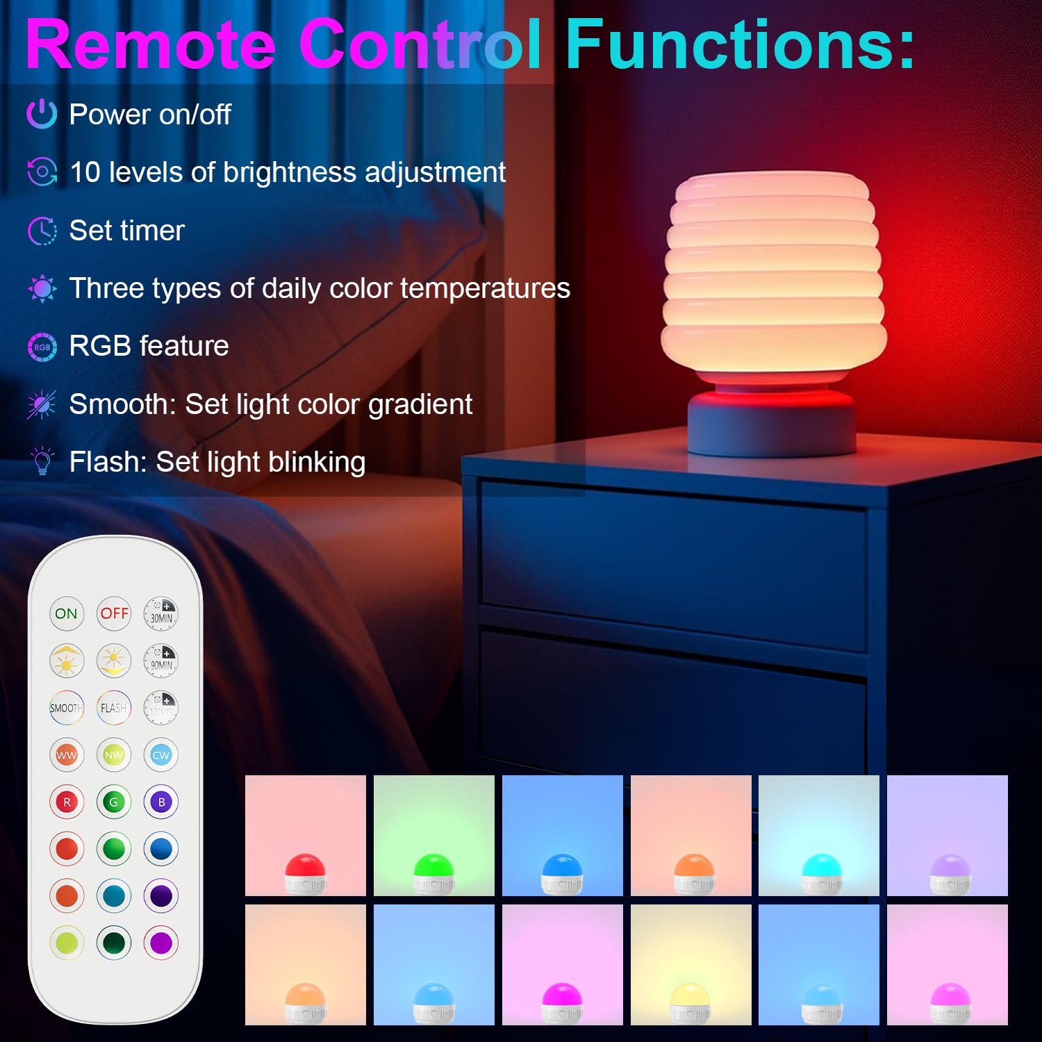 LGMCF Rechargeable LED Light Bulb - E12 6W 450LM, Dimmable, 15 Colors, Remote Control, 2500mAh Battery, 2-Pack