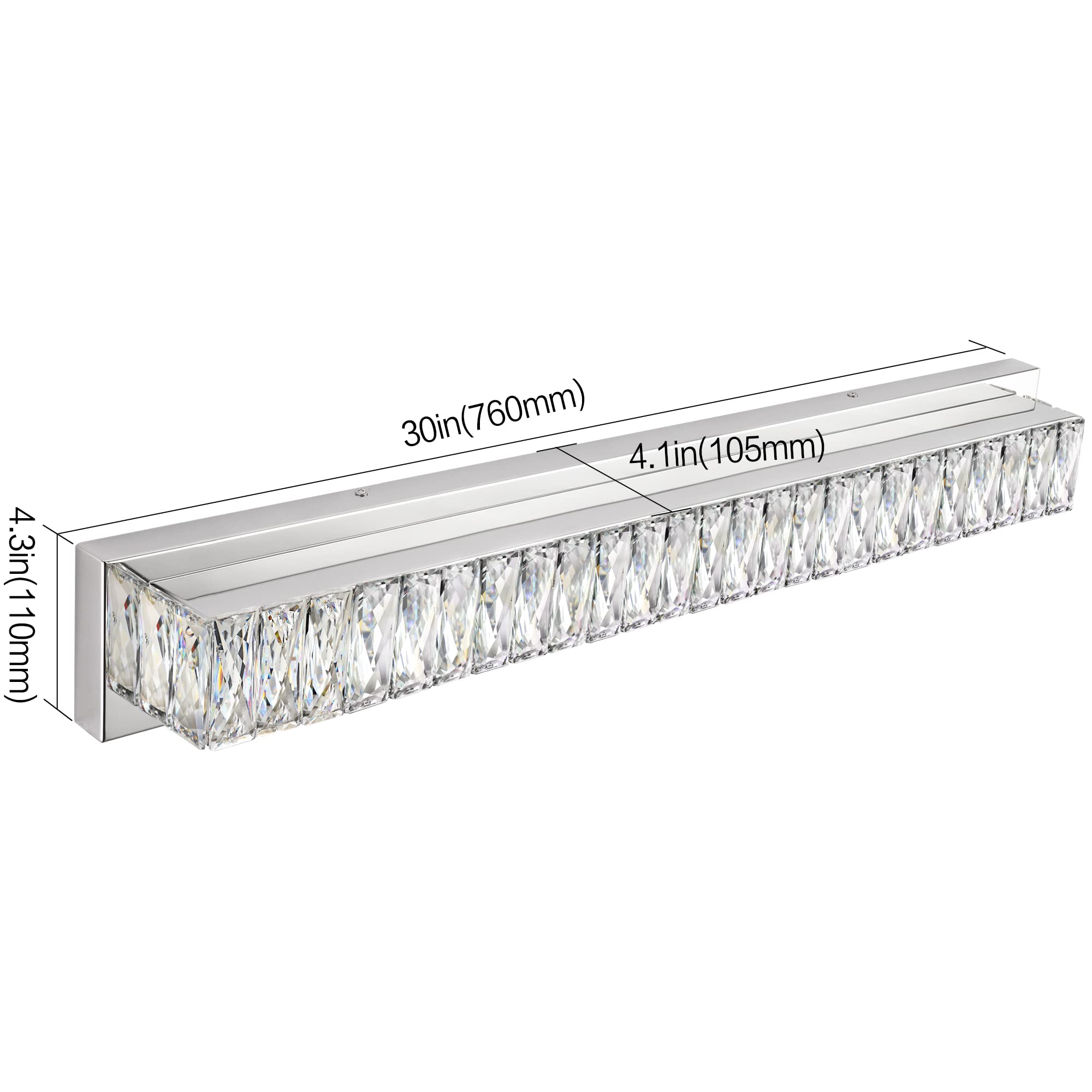 ZUZITO 30" LED Bathroom Vanity Lighting Fixture, Dimmable Polished Chrome & K9 Crystals, Modern Over Mirror Bath Bar Light