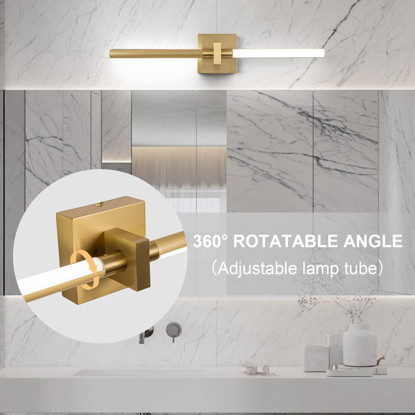 Edislive Modern Dimmable Led Vanity Light 360 Rotatable Bathroom Vanity Wall Lighting Fixtures  23.2 In Mirror Wall Sconce Fixtures For Bathroom Bedroom Makeup Living Room 6000K(Gold)