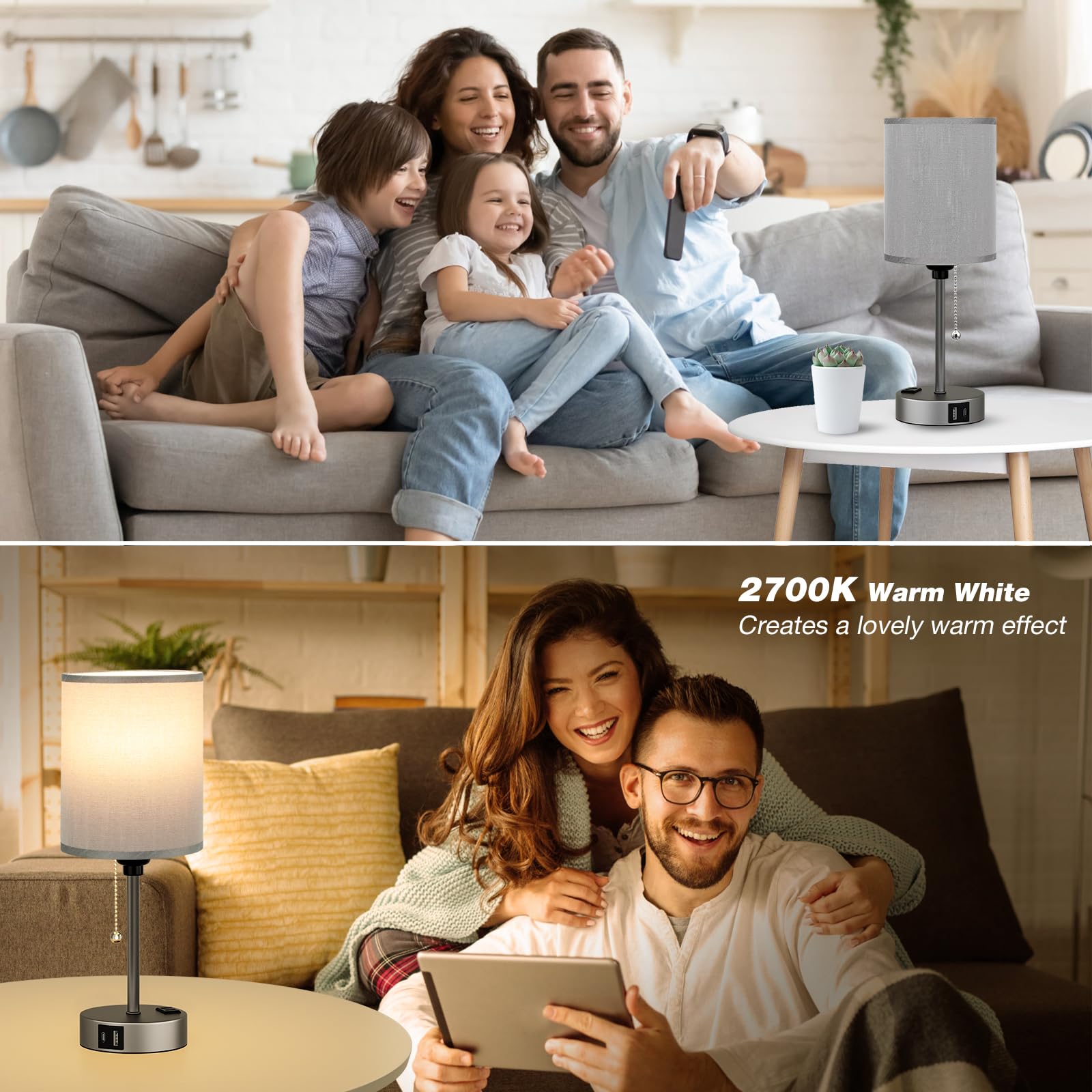 Dicoool Small Grey Bedside Table Lamp For Bedroom - 3 Color Temperatures Bedside Lamps With Usb C And A Ports, Pull Chain Table