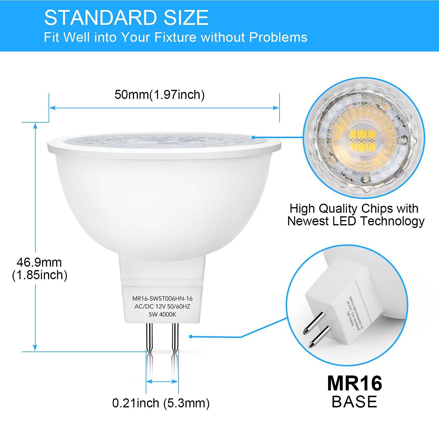 Mlambert 12 Pack Mr16 Led Bulbs 50W Halogen Equivalent,4000K Neutral White,5W Gu5.3 Mr16 12V Spotlight Bulb,Non-Dimmable,45 Beam