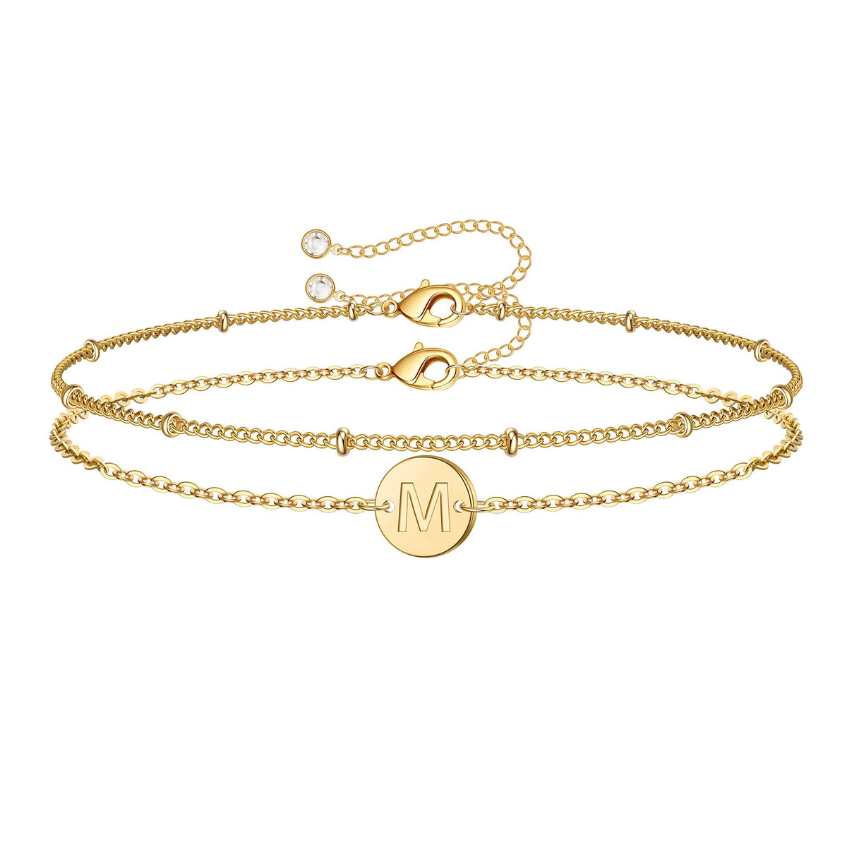 MONOZO gold Initial Bracelets for Women Teen girls, 14K gold Filled Layered Letter M Initial Bracelet Disc charm Bracelet Jewelr