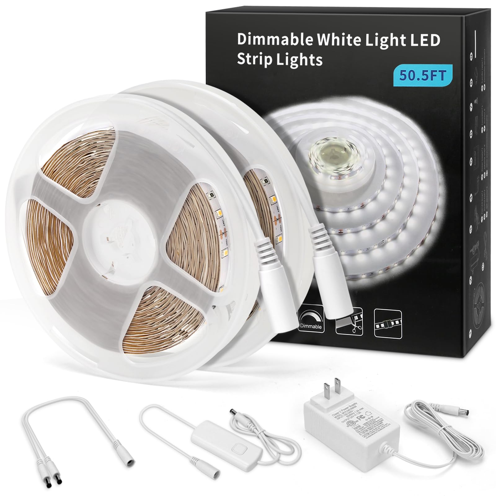 MYPLUS LED Strip Lights 50FT, Dimmable 6500K Cold White, 900 LEDs, Flexible Under Cabinet Lighting, UL Listed, Model MUSZH1186K