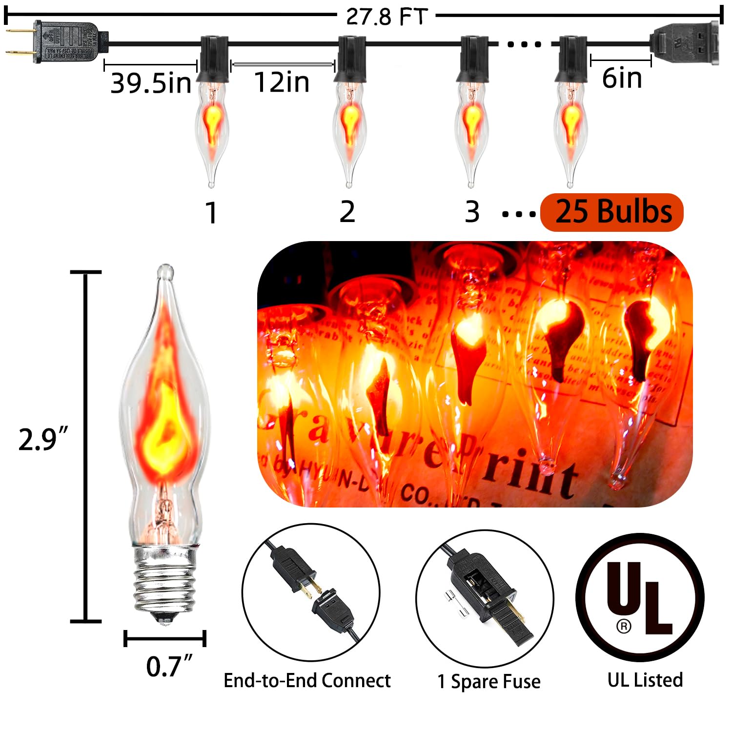 27.8Ft Halloween Flame Lights Flickering Flame String Lights With 25 Pack Clear Glass Flame Light Bulbs, Flame Lights For Christmas Halloween Decorations Indoor Outdoor Home Party (2 Spare E12 Bulbs)