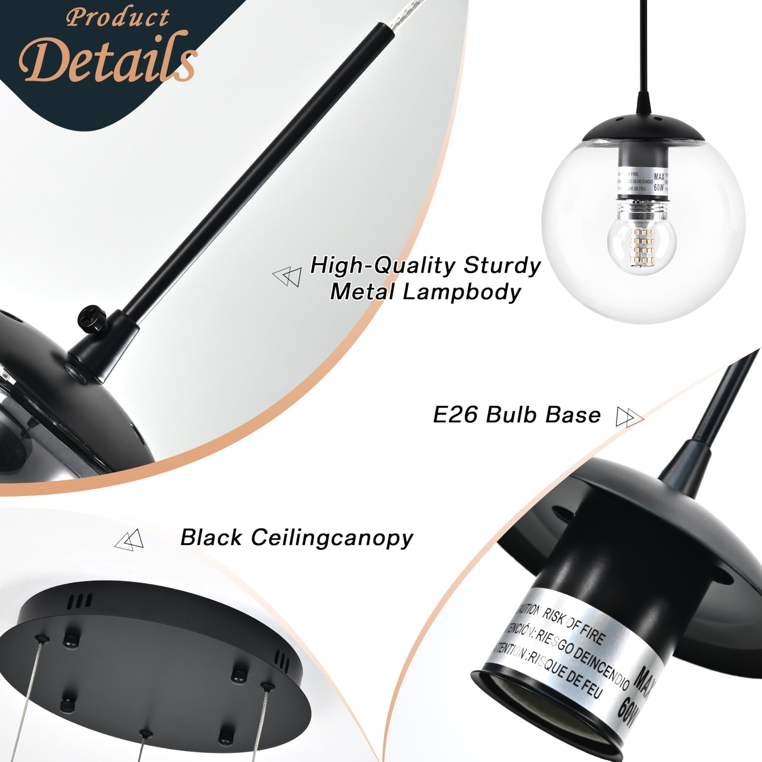 Koko&Yukina 3-Light Globe Glass Pendant Light Modern Black Clear Globe Glass Chandelier Adjustable Length Pendant Lights Fixture