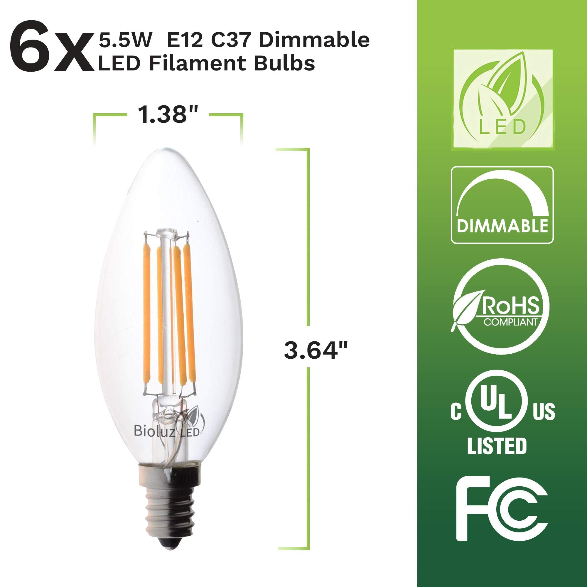 Bioluz LED Candelabra Bulbs 60W Equivalent 5.5W Dimmable Clear 3000K Soft White 6-Pack Model BFE12-3KD-6