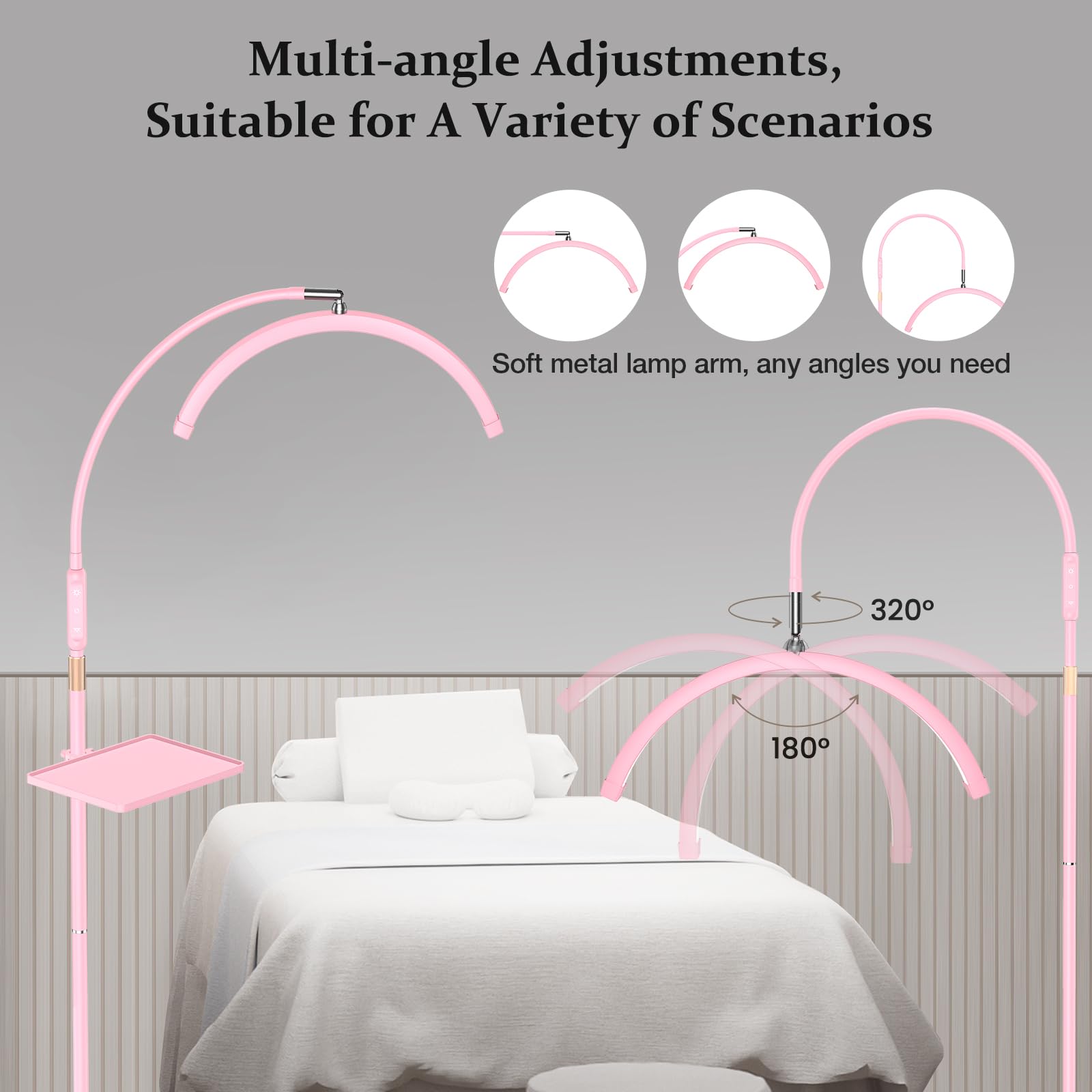 Mznoo Lash Light - LED Floor Lamp for Eyelash Tech, Medium Pink, Aluminum, Model MZ-FL18, Perfect for Extensions, Nail Art, Tattoo & Skincare