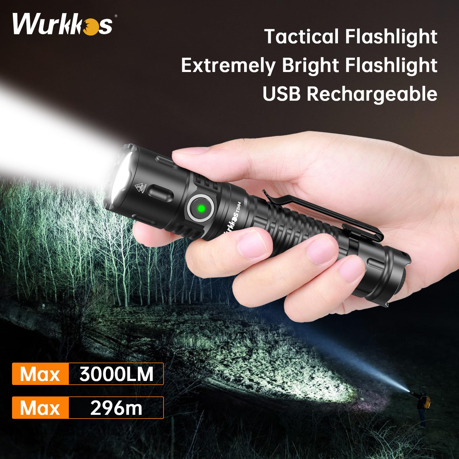 Wurkkos TD04 Tactical Flashlight, 3000 Lumens, Rechargeable, LED, 6061 Aluminum, Black, EDC for Camping & Emergency