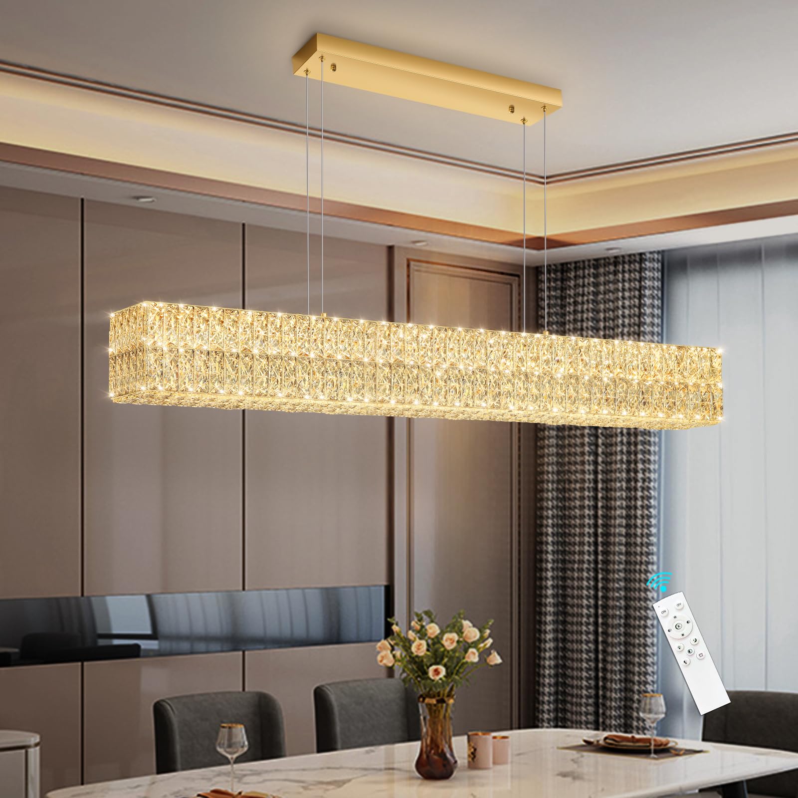 YLKP Rectangular Crystal Chandelier with Dimmable LED Lights Dining Room Remote Ceiling Pendants Lighting Fixtures for Kitchen Island Gold