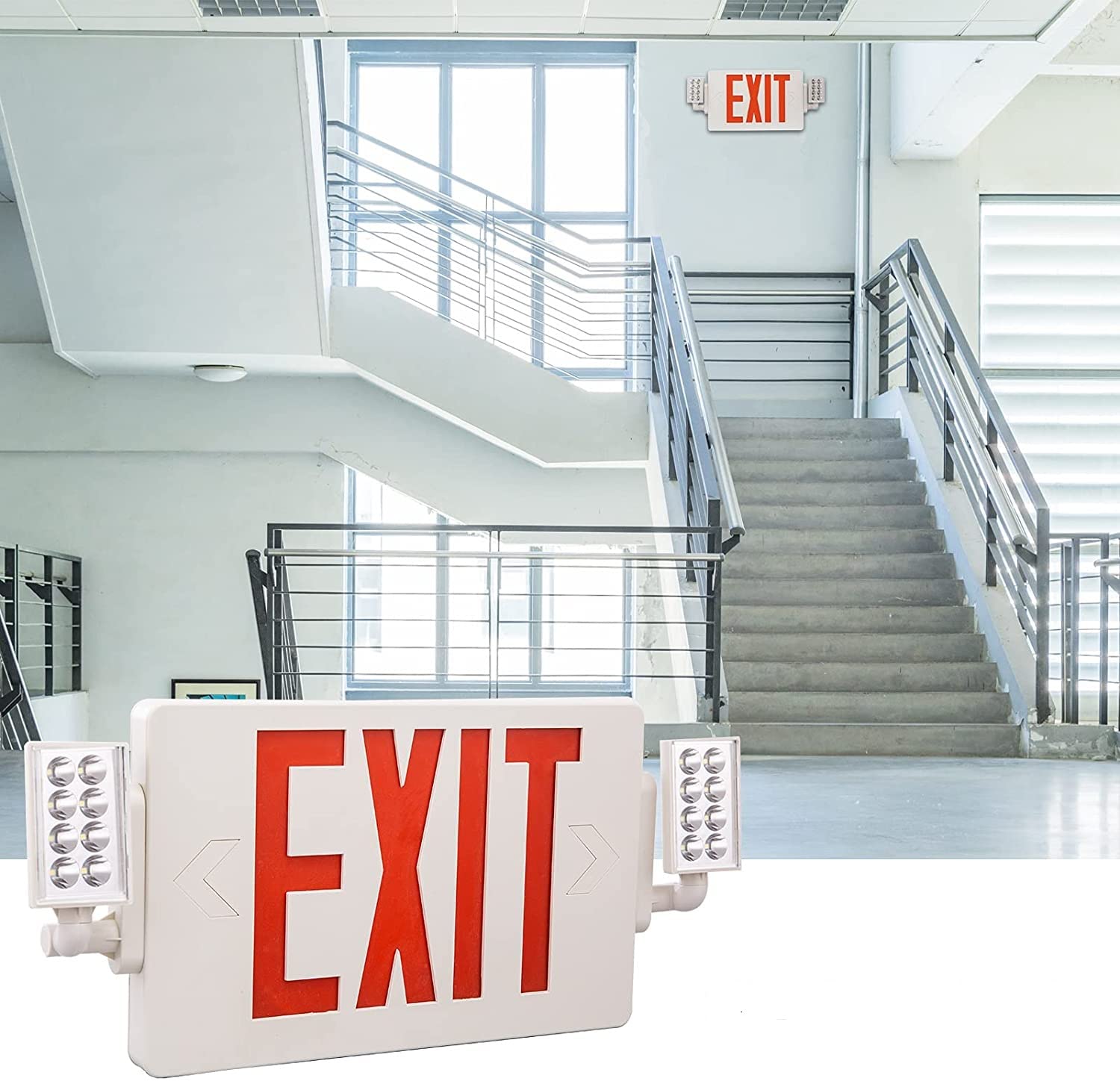 Exitlux 6 Packs Led Red Exit Signwith Emergency Light Combo With Battery Backup-Two Adjustable Head Emergency Exit Lights/Abs Fi
