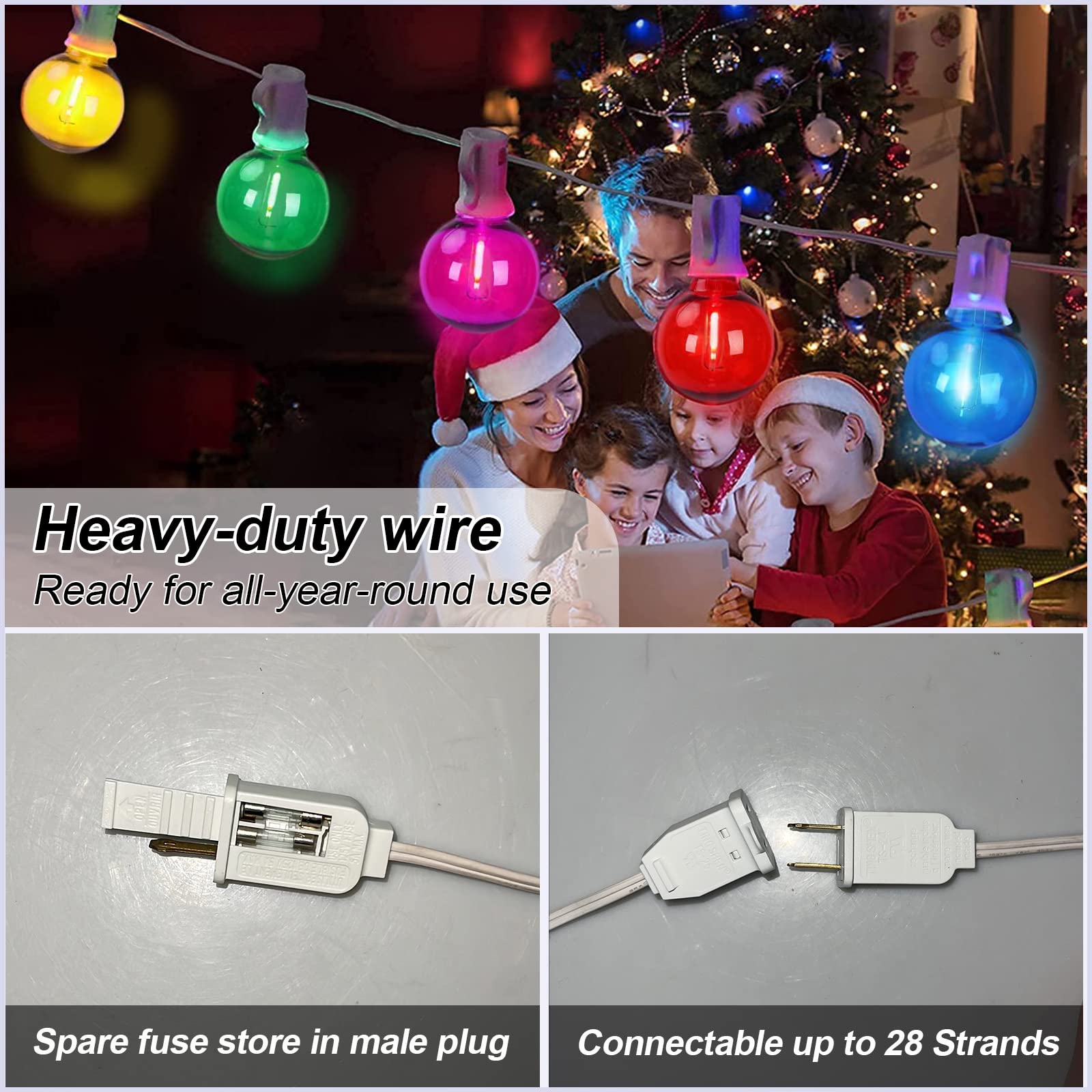 25Ft Led Outdoor String Lights, G40 Outdoor Christmas Decorations Lights Waterproof With 27 Led Globe Multicolor Bulb, Hanging V