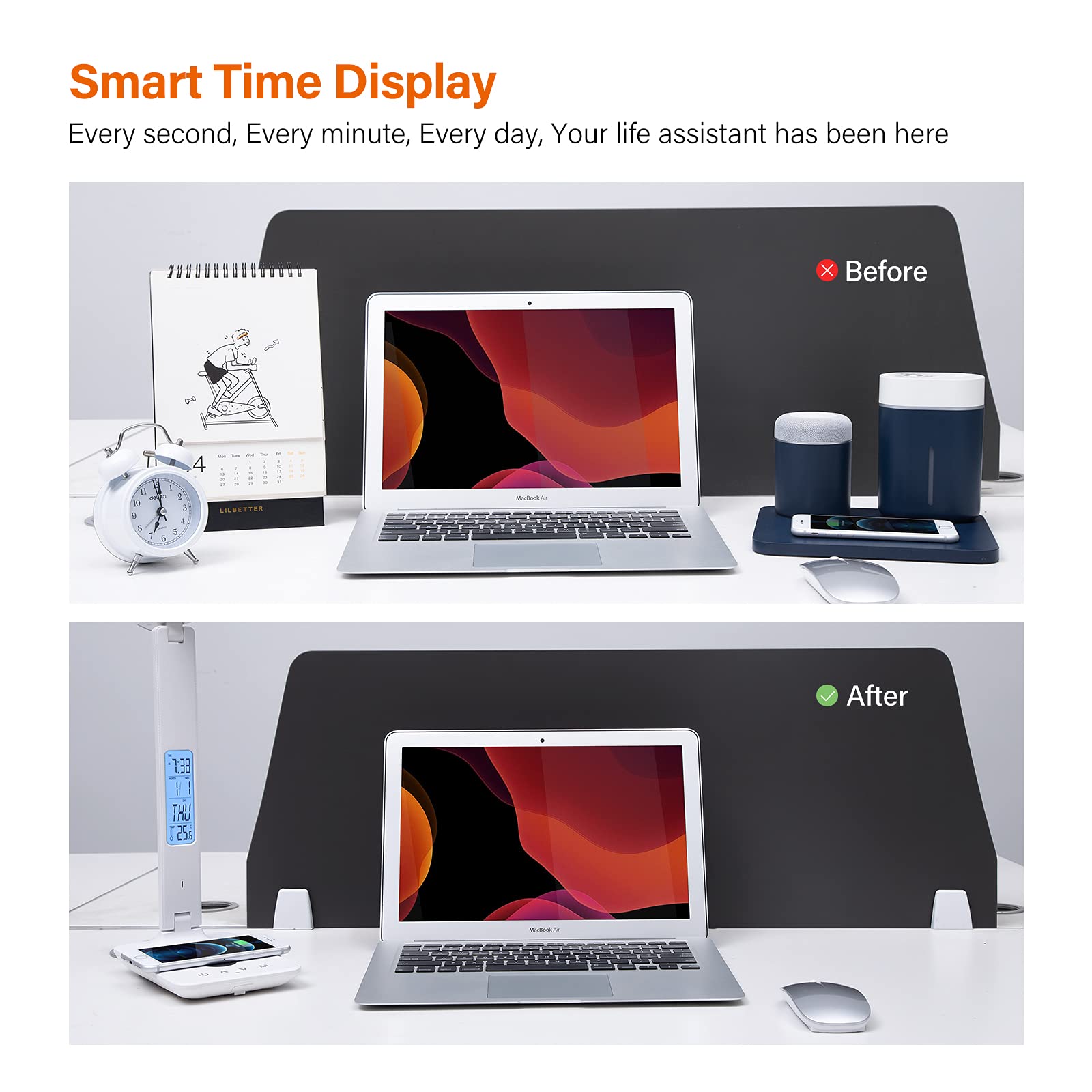 Poukaran Led Desk Lamp With Wireless Charger, Usb Charging Port, Office Table Lamp With Clock, Alarm, Date, Temperature For Home