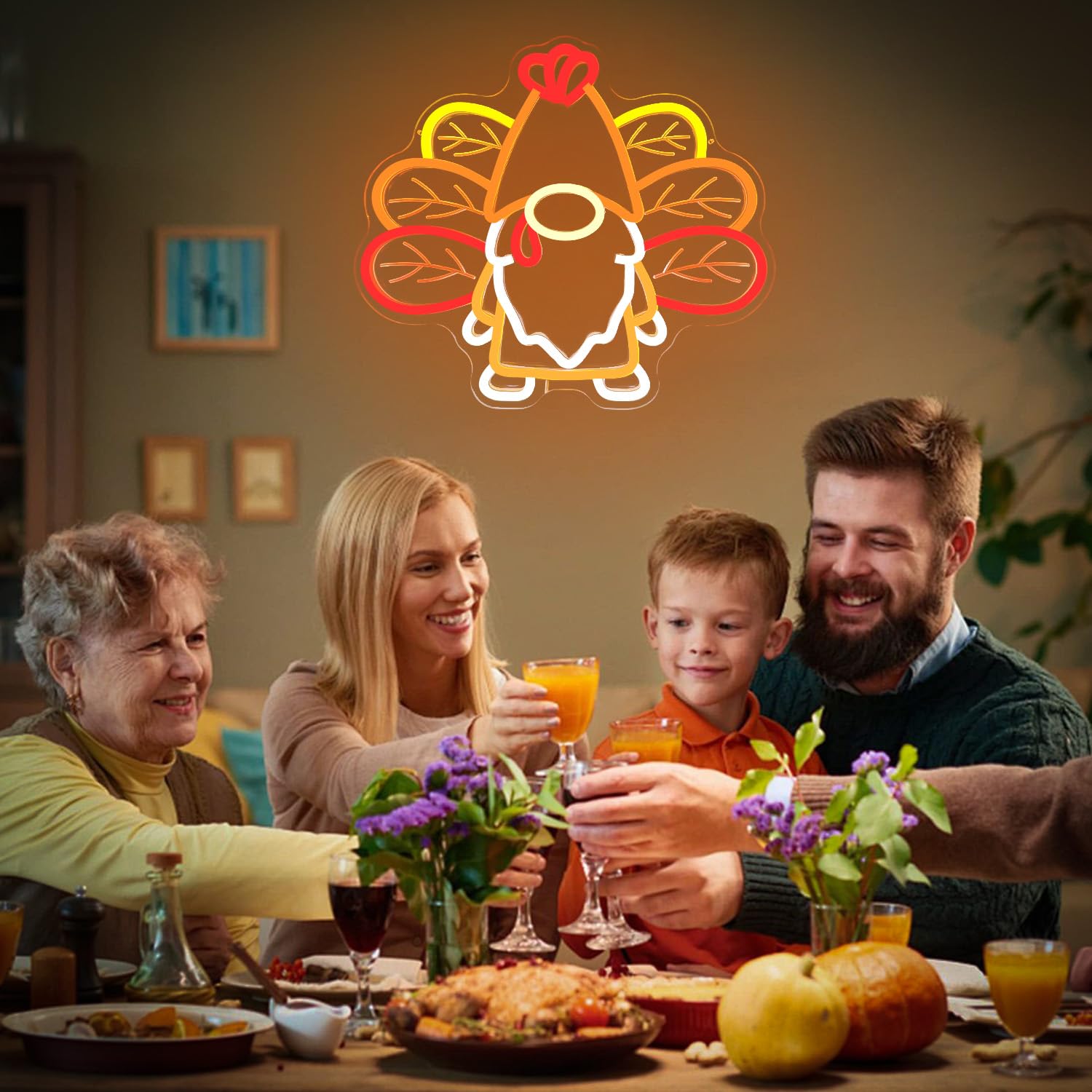 Yvuyamg Thanksgiving Gnomes Neon Sign Dimmable Turkey Fall Gnome Neon Light Sign Led Thanksgiving Gnomes Decoration For Home Turkey Gnomes With Maple Leaves Wings For Window  Indoor  Bedroom