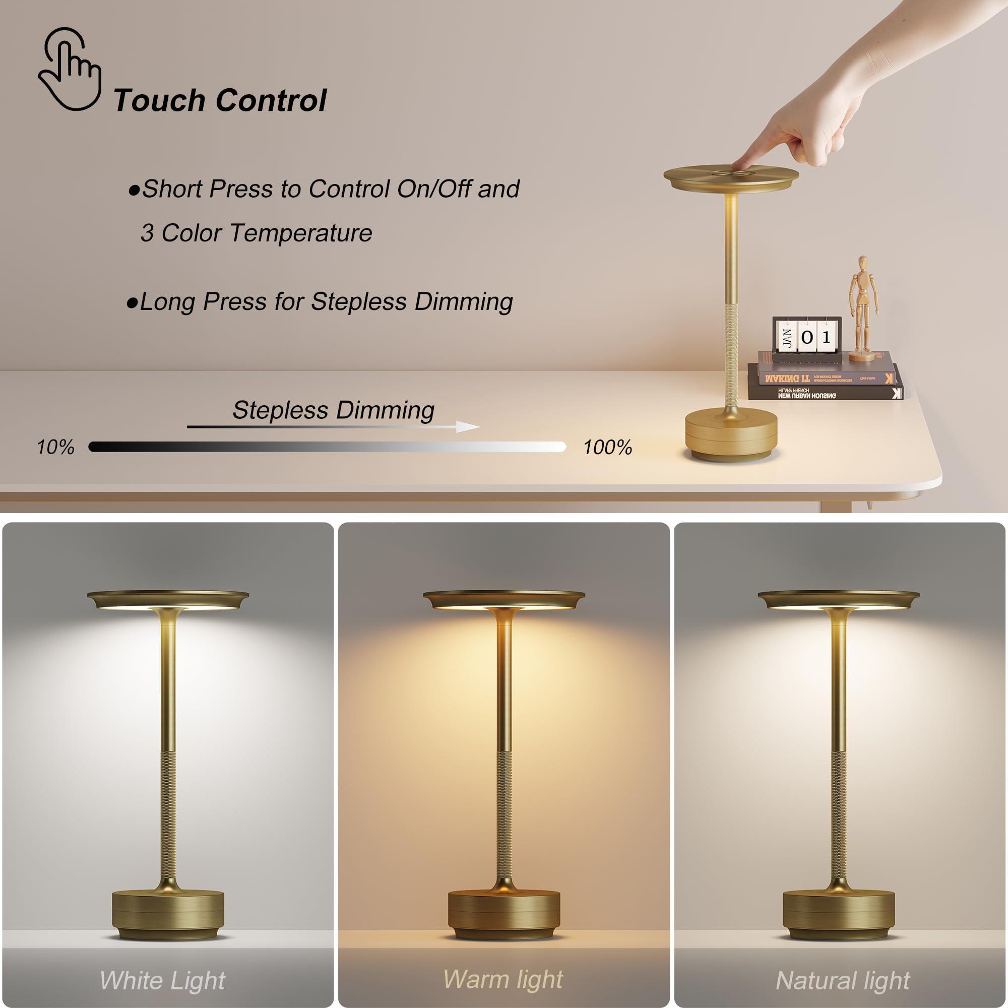 TBBGA Cordless Table Lamp, 5000mAh Battery, 3 Color Dimming, Aluminum, Gold, Model Q006
