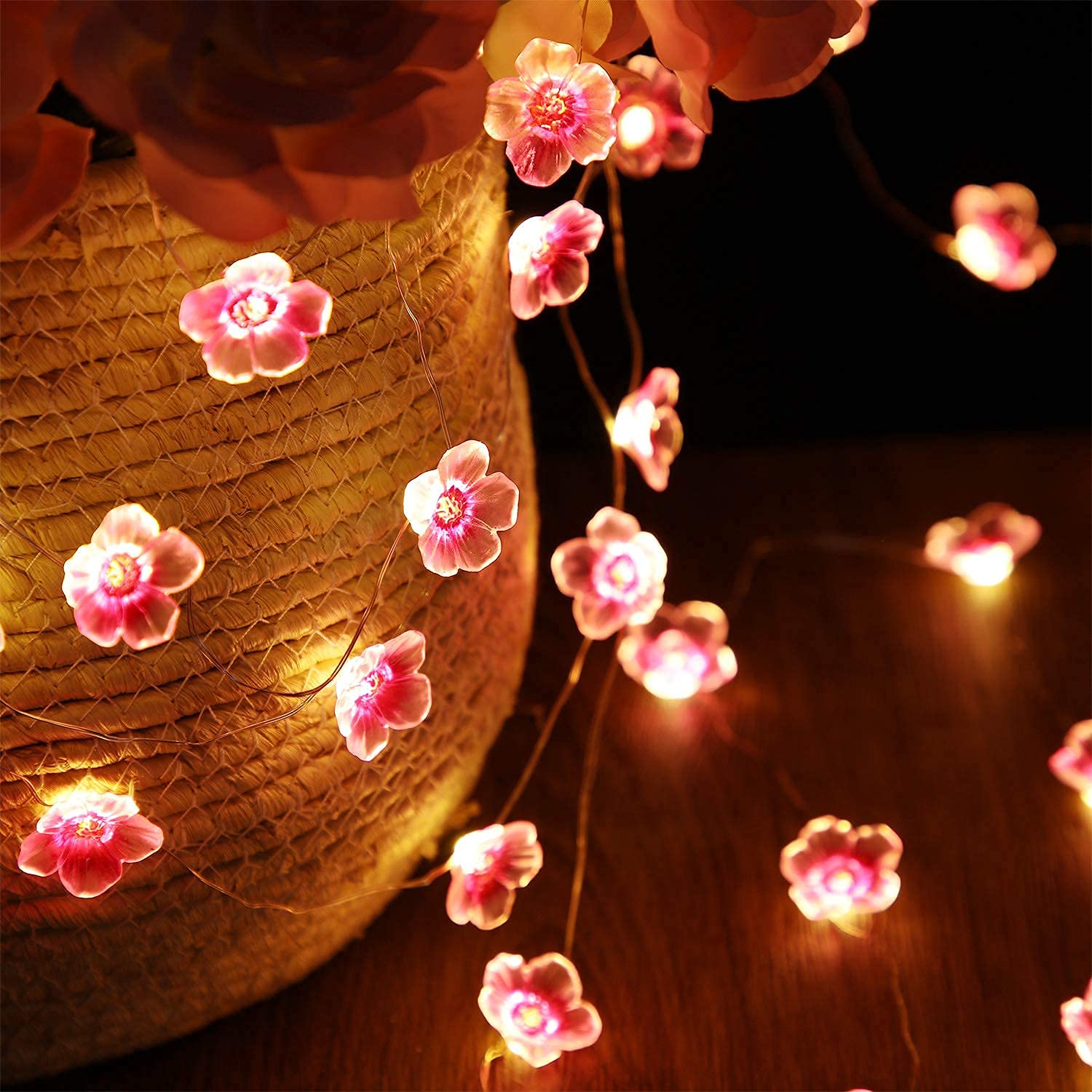 Mudder Cherry Blossom Flower String Lights, 40 LEDs, Pink, USB & Battery Operated, Indoor/Outdoor, Model: ad548026-5b67-45f2-b7ab-a