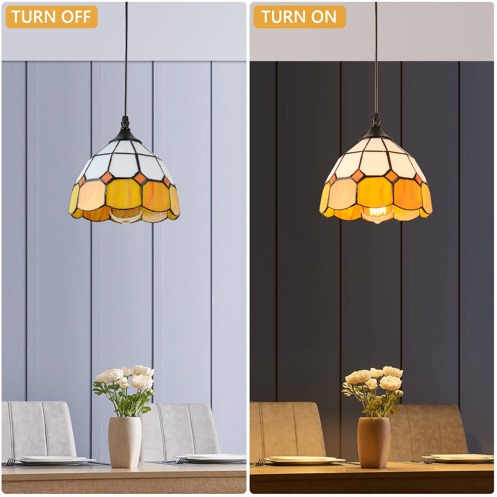 Stepeak Tiffany Hanging Pendant Light - Dimmable Vintage Ceiling Lamp, 7.9" Width, Yellow, 16.4 Ft Cord, Model HL-Y