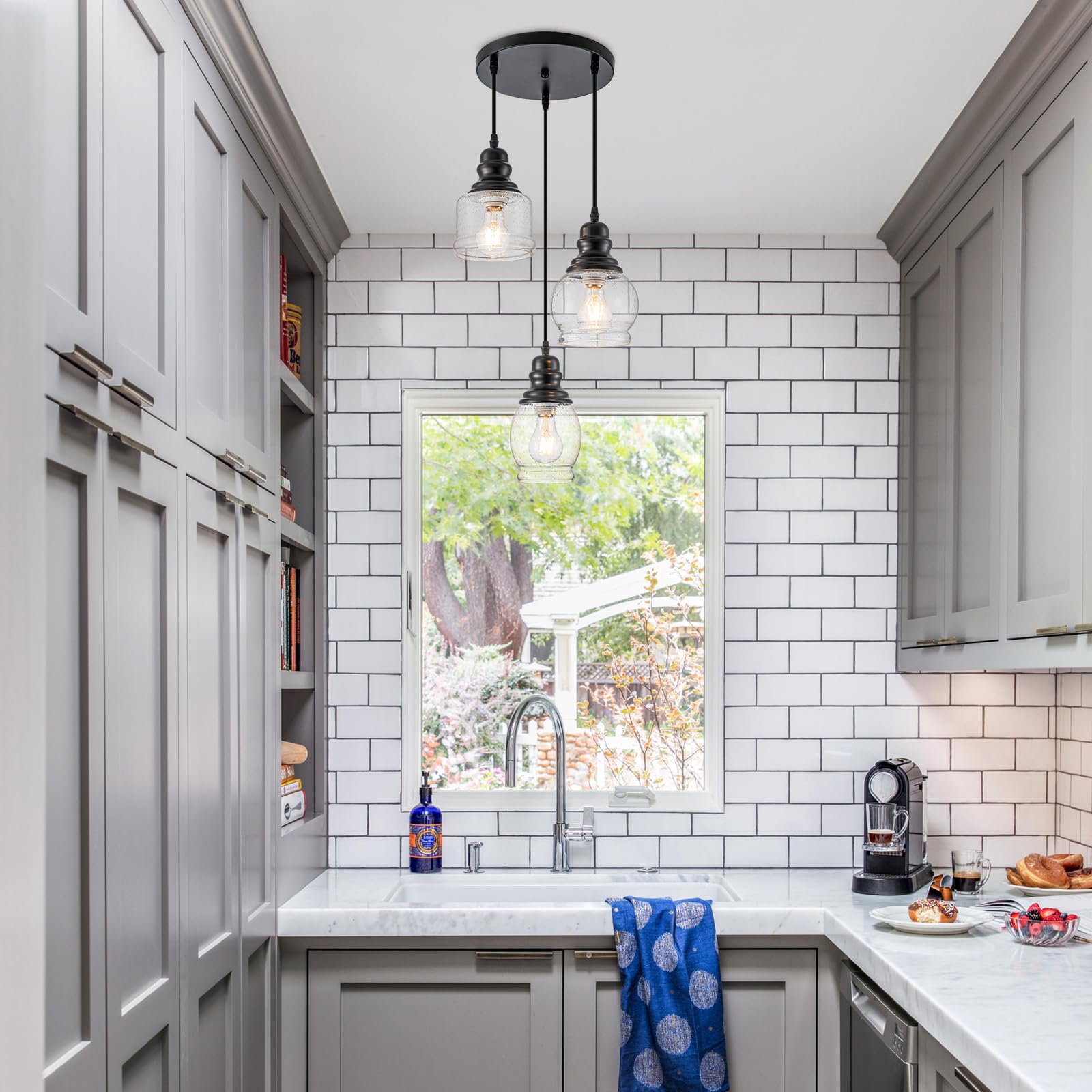 Wilon 3 Light Pendant Light Fixtures, Pendant Lighting For Kitchen Island Industrial Hanging Pendant Lighting With Seeded Glass