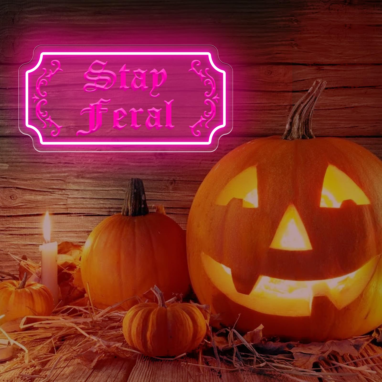 Stay Feral Neon Sign Gothic Decor Led Light Goth Lover Gift Halloween Decoration Bat Neon Sign Decor Ghost Spooky Wall Art  15.7X7.9  Pink