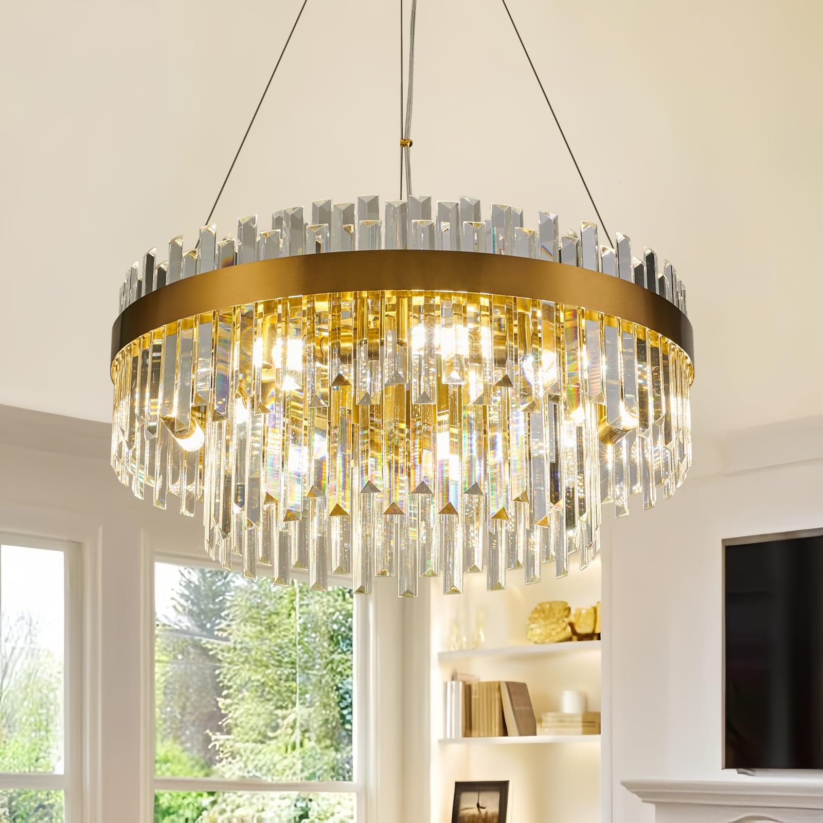 Pafee Modern 6-Light Gold 2-Tier K9 Crystal Chandelier - 20'' Round Chandelier Lighting Fixture For Dining Living Room Kitchen I