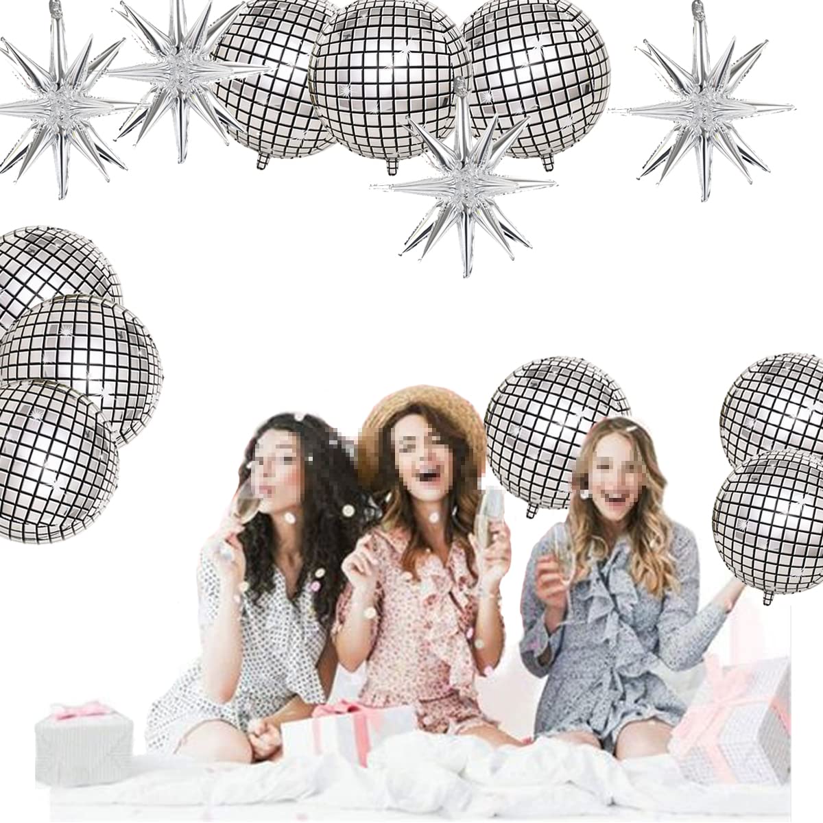 Finypa Disco Ball Balloons, 15 Pcs Aluminum Foil, Silver, 70s 80s 90s Theme Party Decorations, Model YBZX-15P