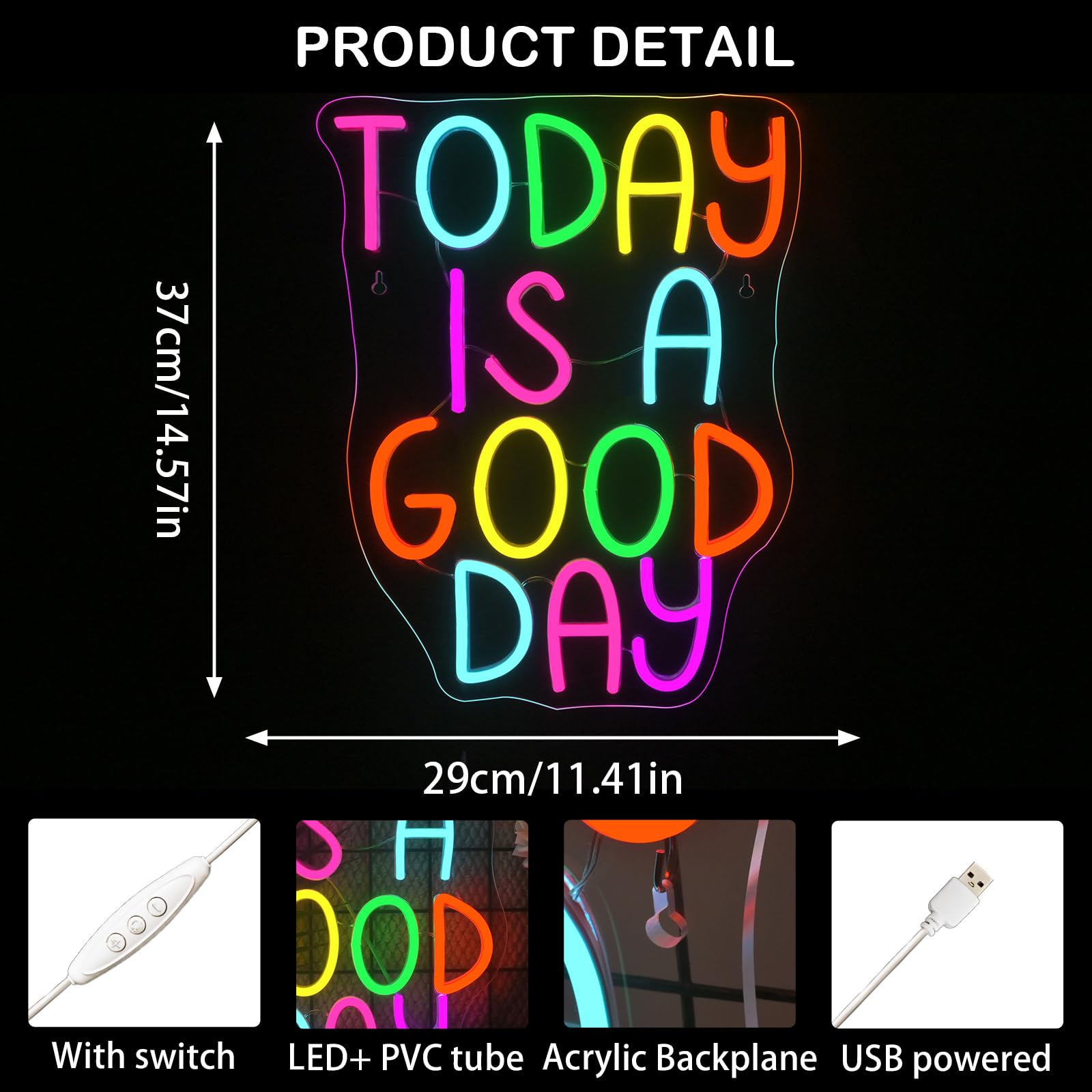 Looklight LED Neon Sign - "Good Day" Wall Decor for Home, Cafe, Bar - 11.42 x 14.57 inches - Acrylic Lighting Decoration