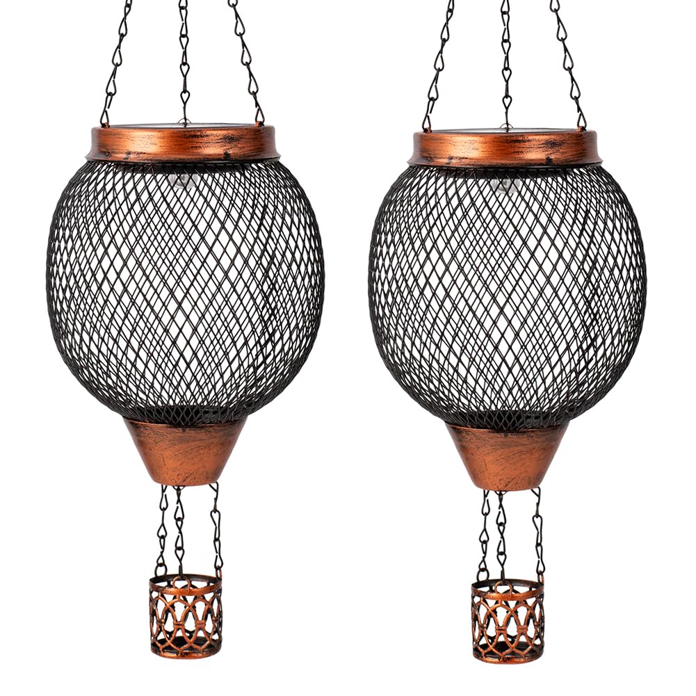Starsoul 2 Pc Cage Hot Air Balloon Solar Lantern With Flame Glass Outdoor Hanging Hot Air Balloon Solar Light Lamp Waterproof Ga