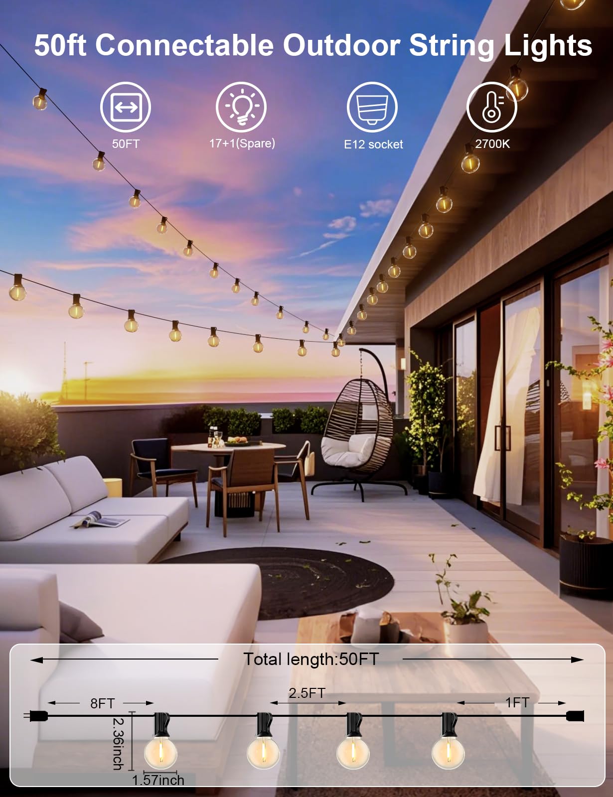 RTTY 50FT Outdoor String Lights - Globe LED Patio Lights, Waterproof, Dimmable, Black, G40 Bulbs for Backyard, Porch, Party Decor