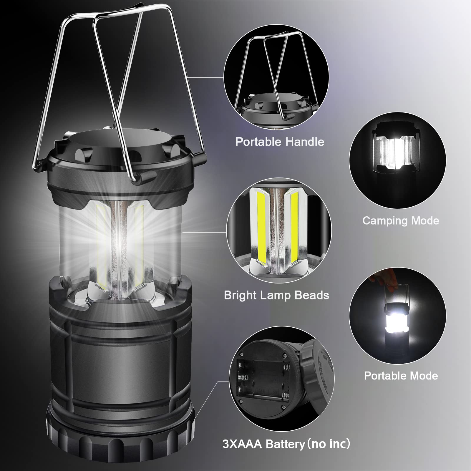 EXTRASTAR LED Battery Operated Camping Lantern, Waterproof, 2 Pack, Black, Model KJ-1286