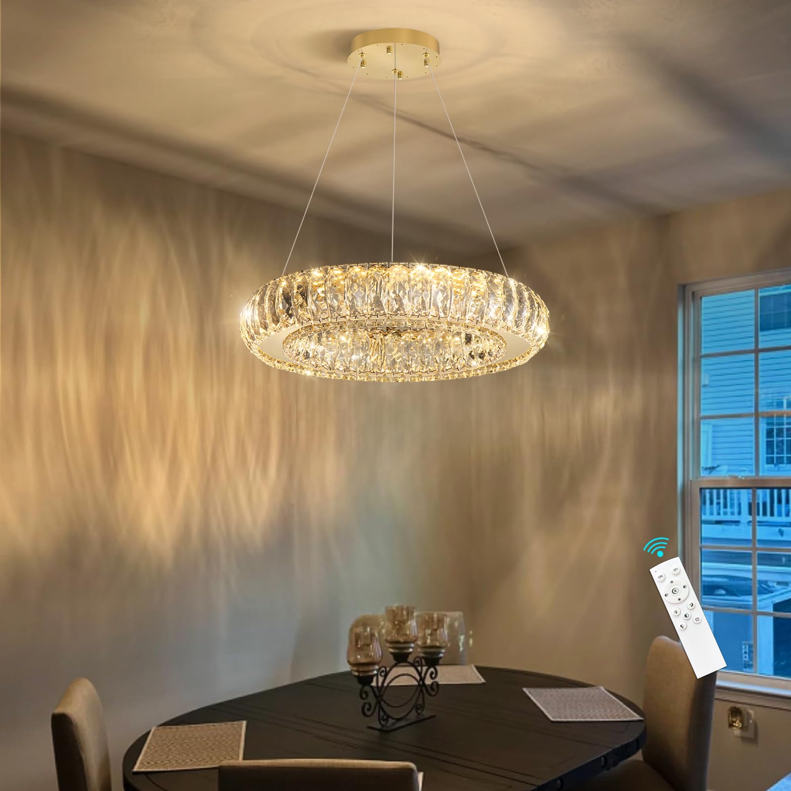 HAIXIANG Modern Chandelier Crystal LED Dimmable Ring Pendant Lights Adjustable Hanging Lighting Chandeliers Fixtures for Dining Room Bedroom Kitchen Island Table Gold Light