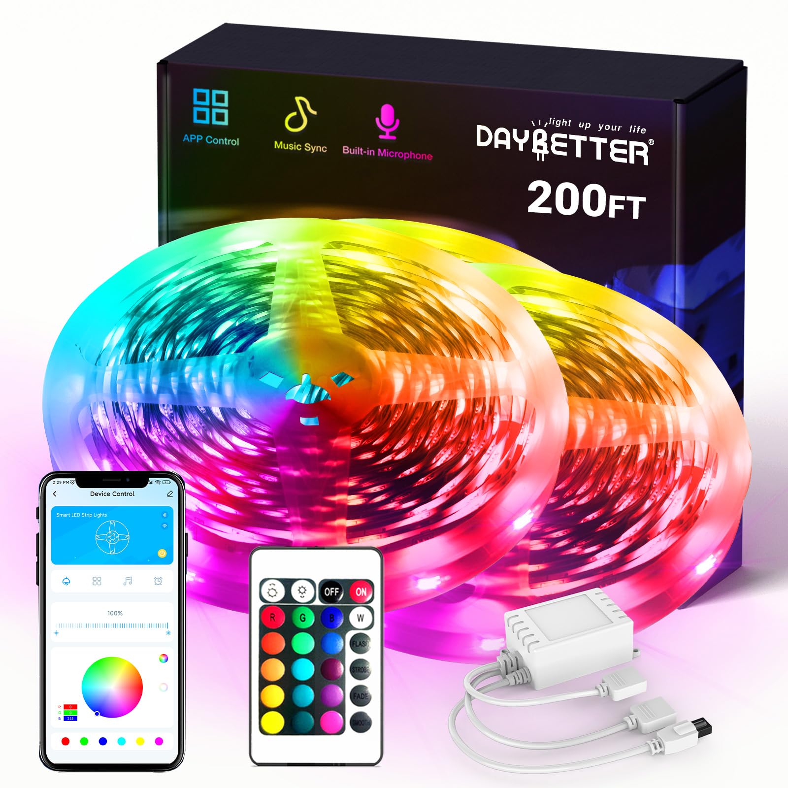 DAYBETTER Smart RGB Led Strip Lights, 200ft Led Lights for Bedroom with App Control, Multicolor Changing Led Light Strips Apply 