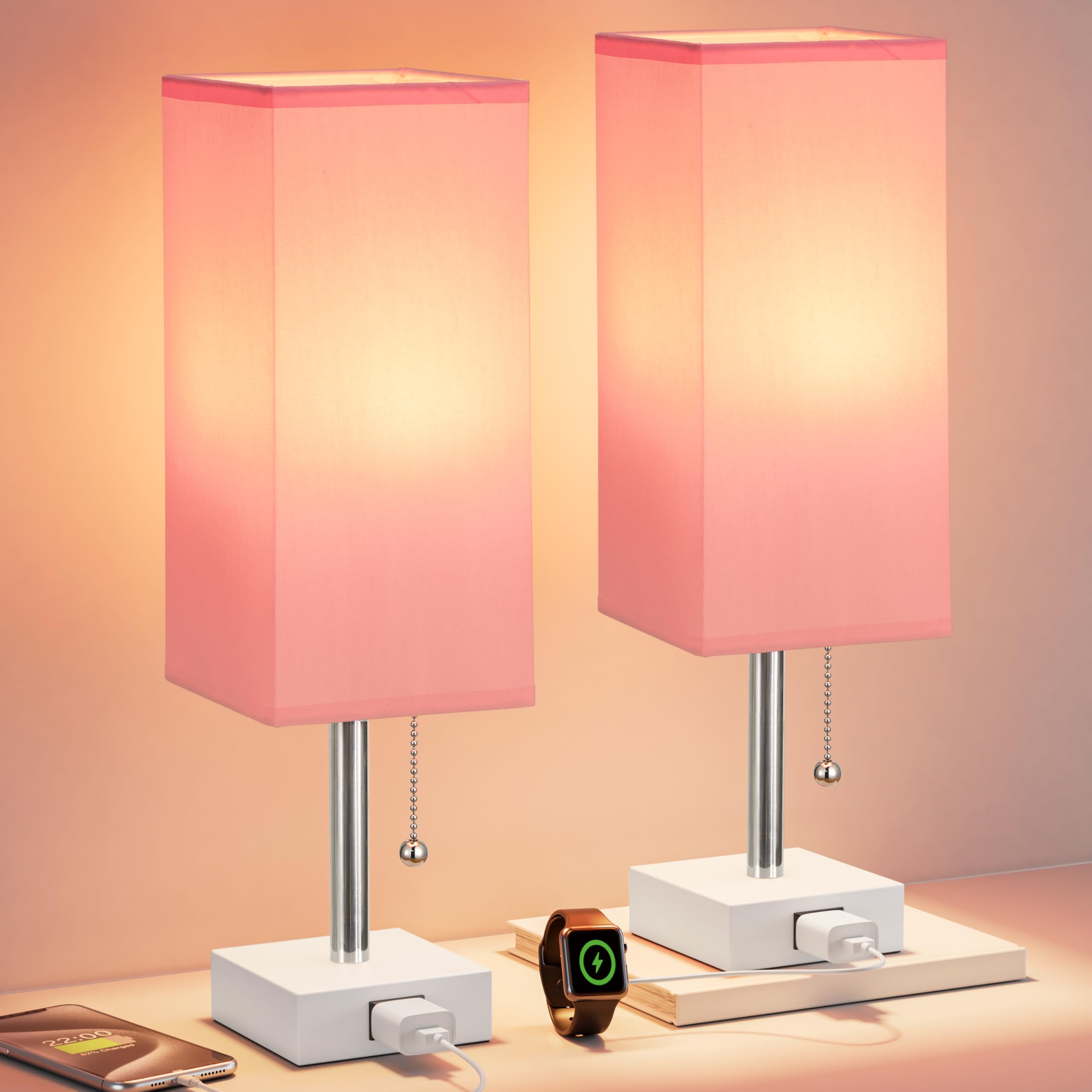 Pink Bedside Table Lamps for Bedroom - Small Nightstand Lamp Set of 2 with AC Outlet Charging Port, 3 Color Temperatures Rectang